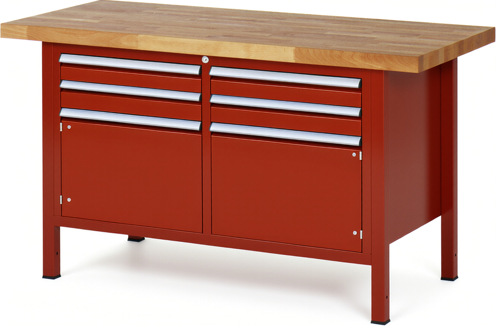 Werkbank Modell 8469 rot, BxTxH 1500x700x840-1040 mm,  Buche-Massiv Arbeitsplatte 40 mm,  4 Schubladen mit  Auszug 90 %