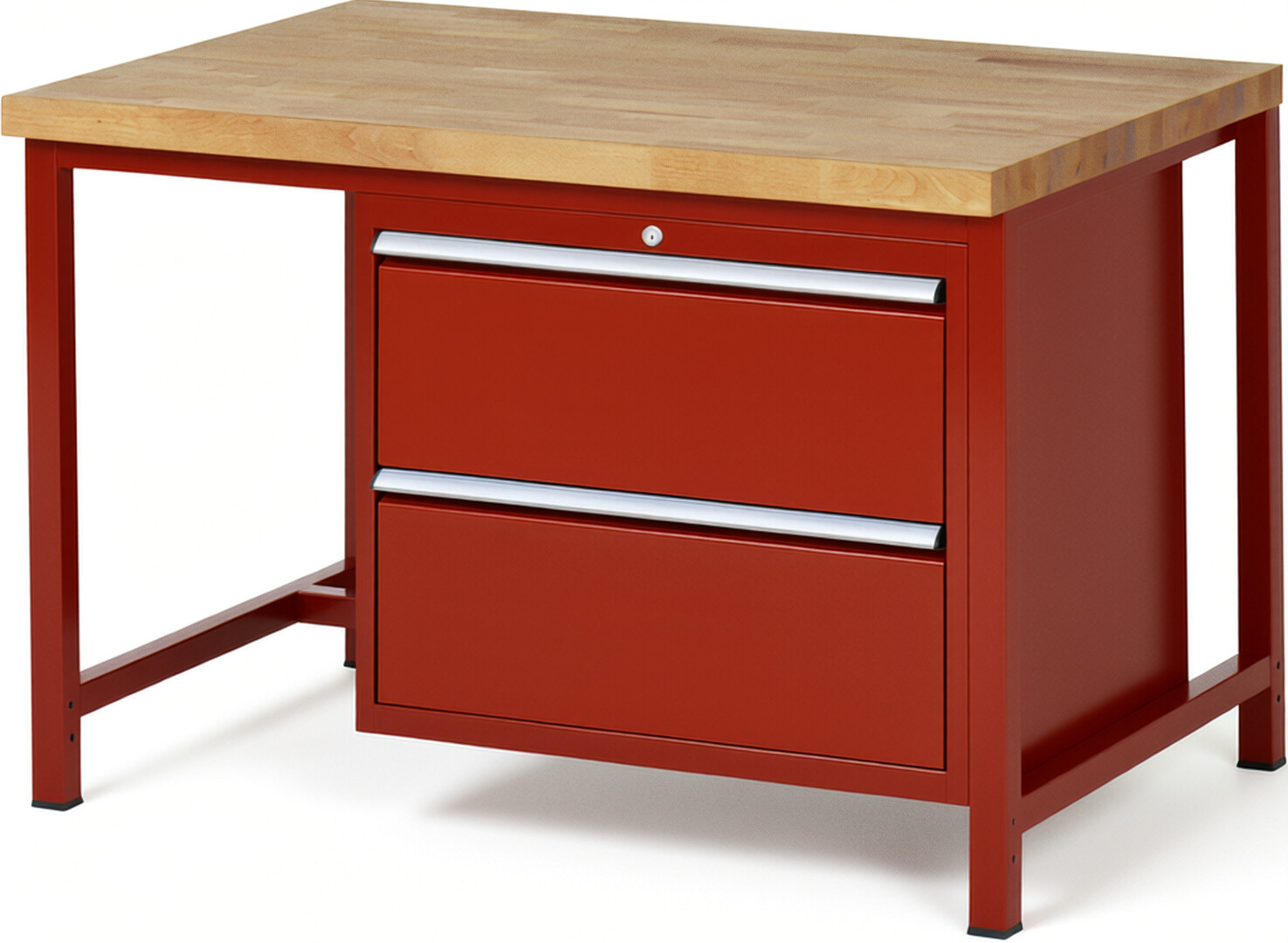 Werkbank Modell 8255 rot, BxTxH 1250x900x840-1040 mm,  Buche-Massiv Arbeitsplatte 40 mm,  2 Schubladen mit  Auszug 90 %