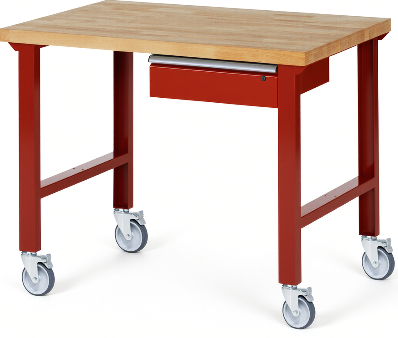 Fahrbare Werkbank Modell 7001 rot, BxTxH 1250x900x1000 mm,  Buche-Massiv Arbeitsplatte 40 mm,  1 Schublade mit  Auszug 90 %