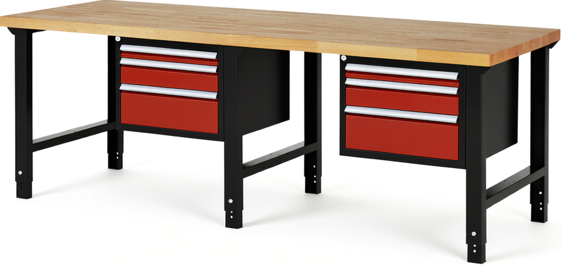 RAU Werkbank schwarz - rot - Breite 250 cm - Tiefe 90 cm - Höhe 114 cm - Buche-Massiv Arbeitsplatte 40 mm