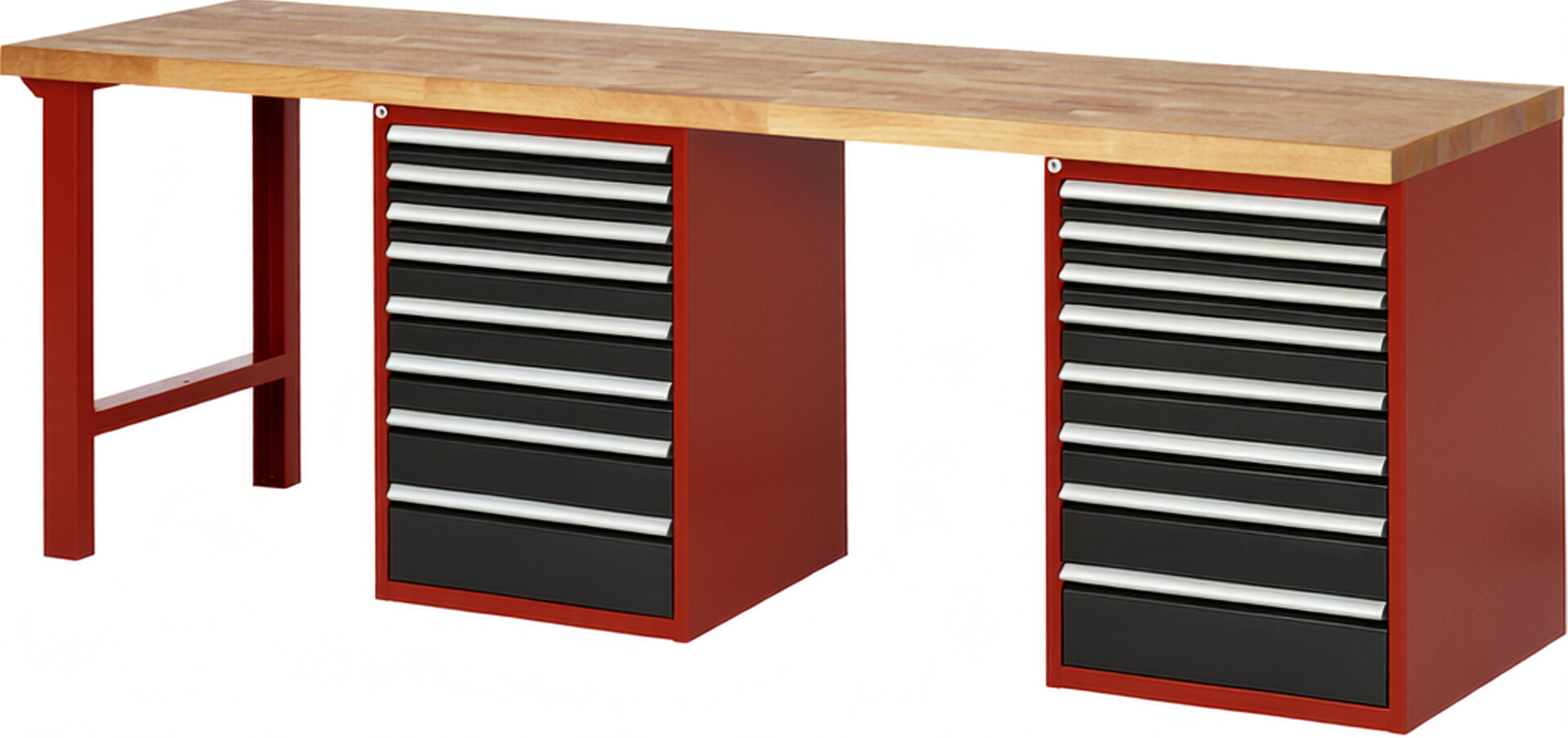 RAU Werkbank rot - schwarz - Breite 250 cm - Tiefe 70 cm - Höhe 89 cm - Buche-Massiv Arbeitsplatte 40 mm