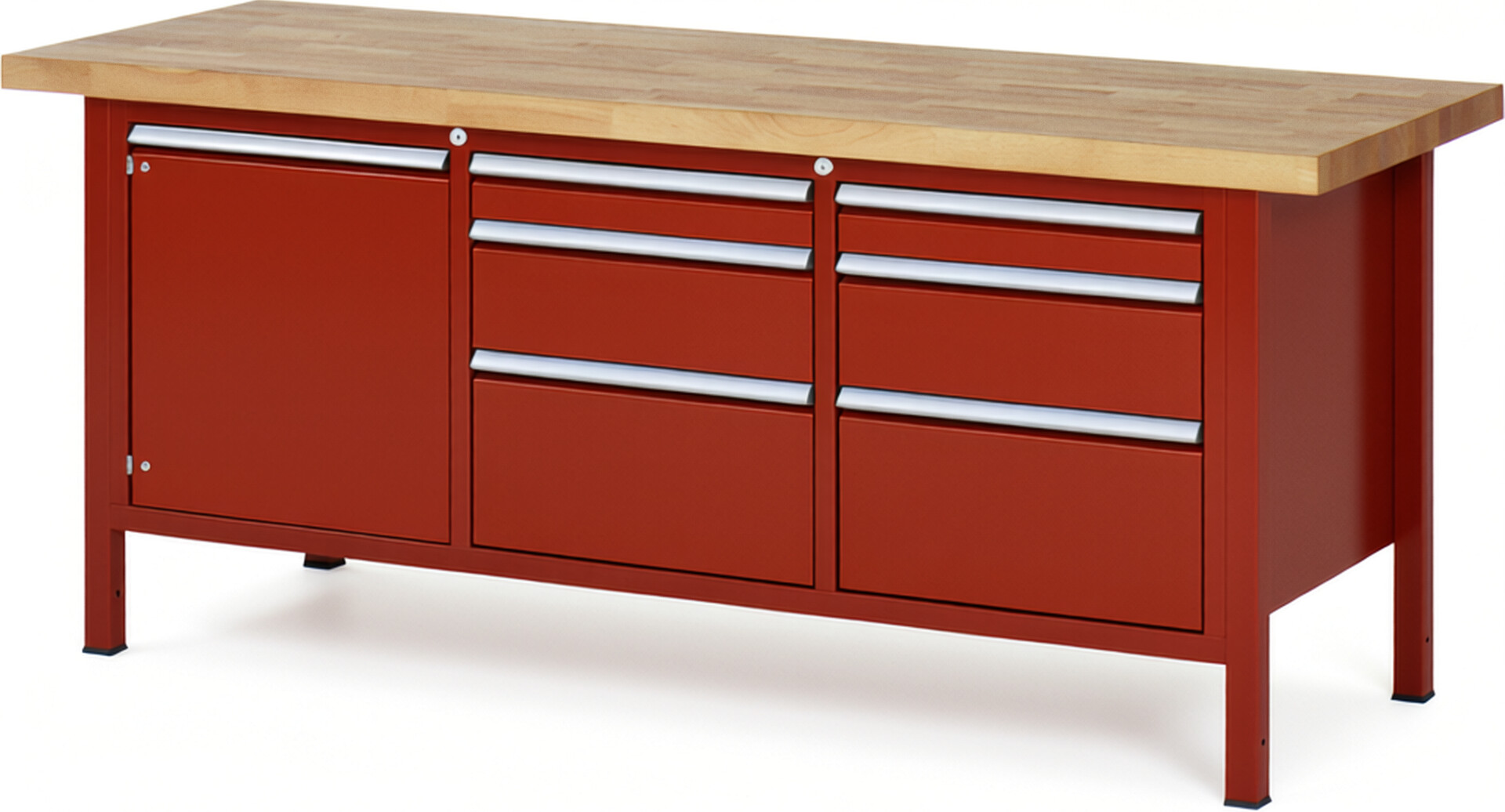 Werkbank Modell 8570 rot, BxTxH 2000x700x840-1040 mm,  Buche-Massiv Arbeitsplatte 40 mm,  6 Schubladen mit  Auszug 90 %