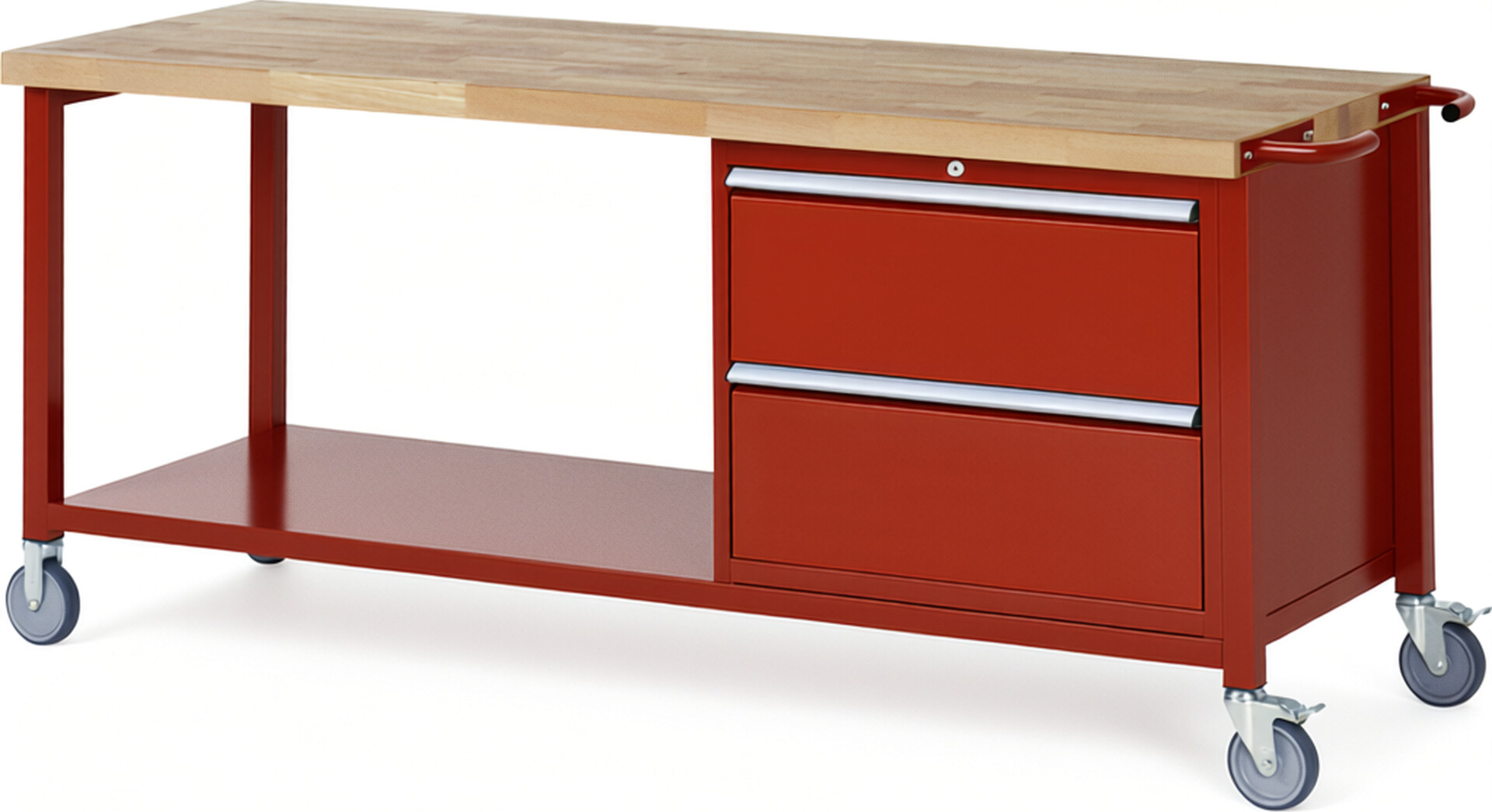 Fahrbare Werkbank Modell 8255 rot, BxTxH 2000x700x880 mm,  Buche-Massiv Arbeitsplatte 40 mm,  2 Schubladen mit  Auszug 90 %