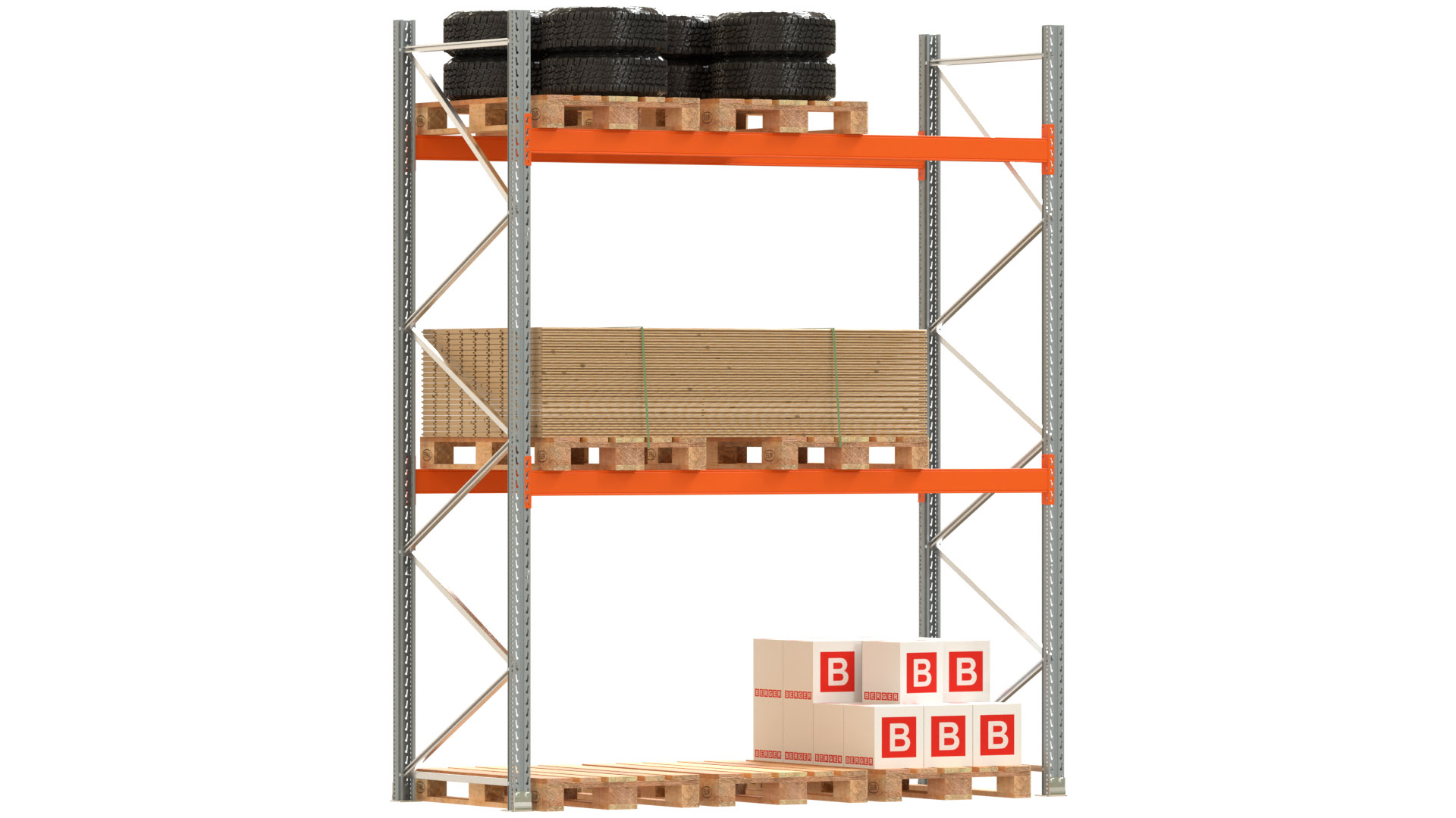 Palettenregal ARTUS - Breite 287 cm - Höhe 350 cm - Tiefe 110 cm - 2 Träger-Ebenen - Fachlast 2000 kg - 9 Palettenstellplätze