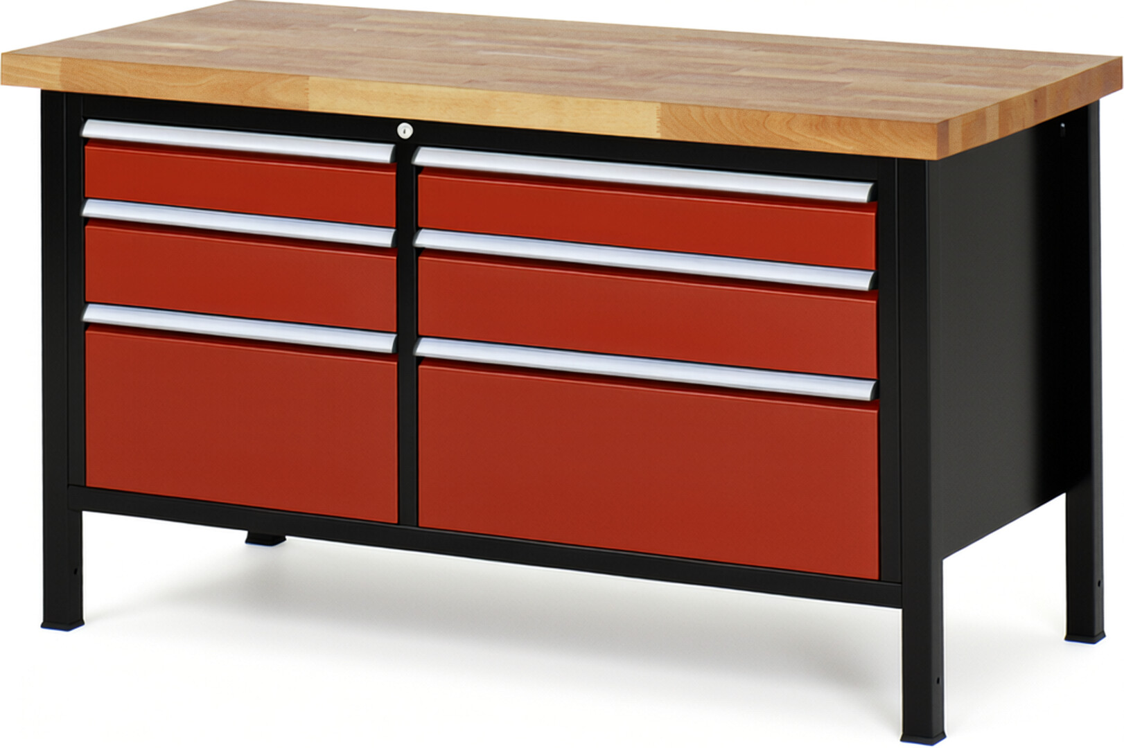 Werkbank Modell 8652 schwarz-rot, BxTxH 1500x700x840 mm,  Buche-Massiv Arbeitsplatte 40 mm,  6 Schubladen mit  Vollauszug 100 % und  SoftClosing