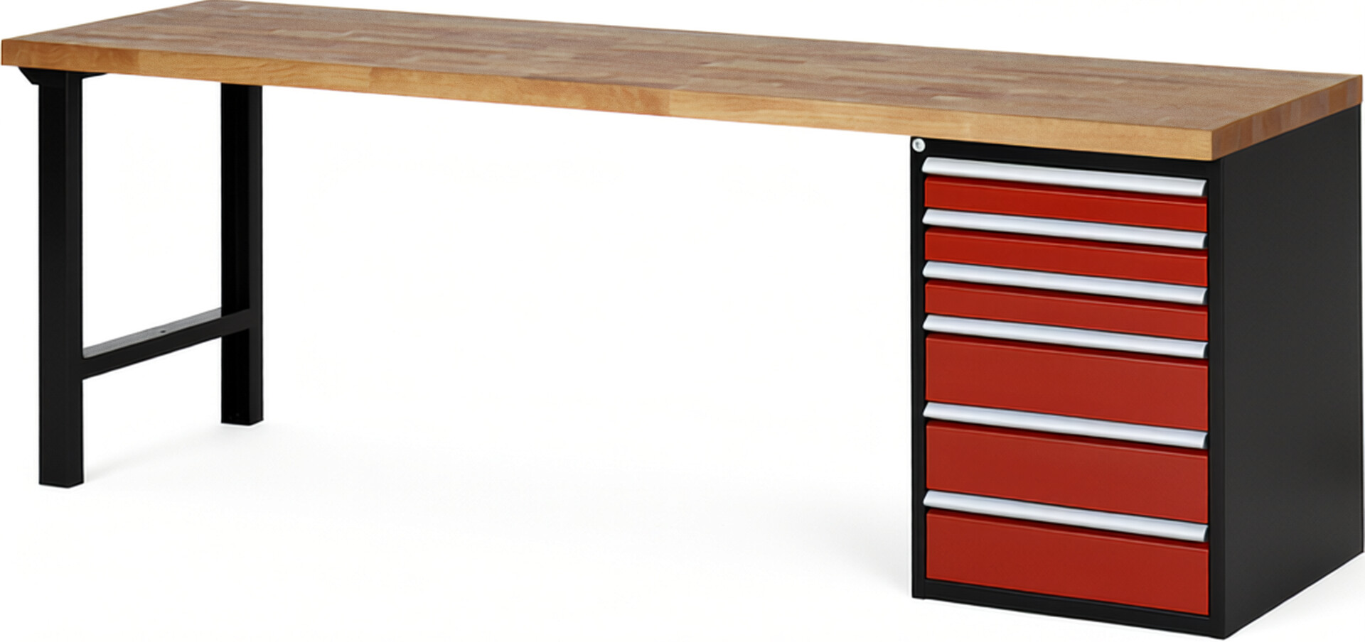 RAU Werkbank schwarz - rot - Breite 250 cm - Tiefe 70 cm - Höhe 89 cm - Buche-Massiv Arbeitsplatte 40 mm