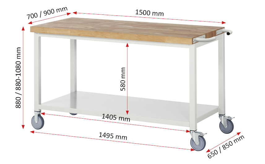 Fahrbare Werkbank Modell 8000 rot, BxTxH 1500x900x880 mm,  Buche-Massiv Arbeitsplatte 40 mm