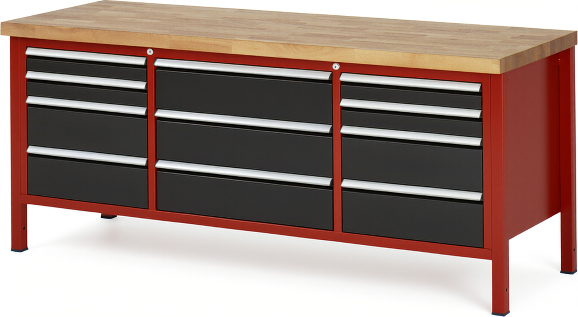 Werkbank Modell 8757 rot - schwarz, BxTxH 2000x700x840 mm,  Buche-Massiv Arbeitsplatte 40 mm,  11 Schubladen mit  Auszug 90 %