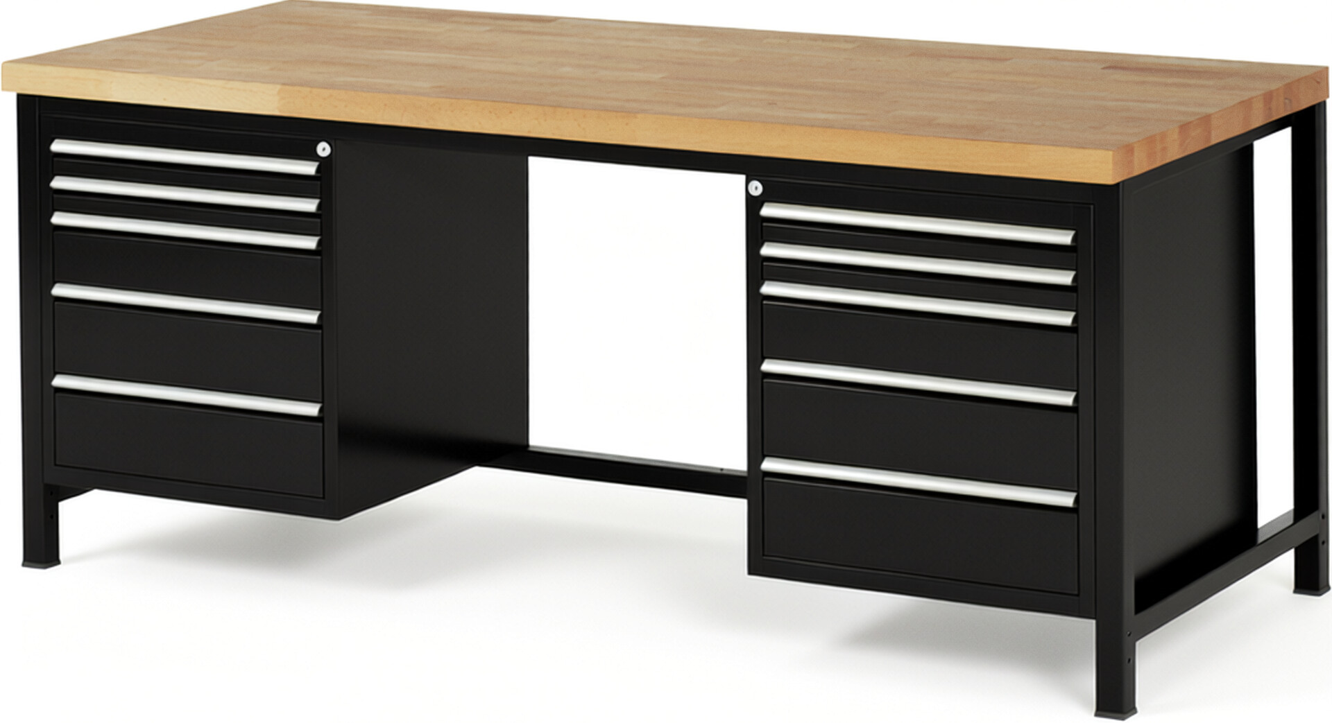 Werkbank Modell 8184 schwarz, BxTxH 2000x900x840-1040 mm,  Buche-Massiv Arbeitsplatte 40 mm,  10 Schubladen mit  Vollauszug 100 % und  SoftClosing