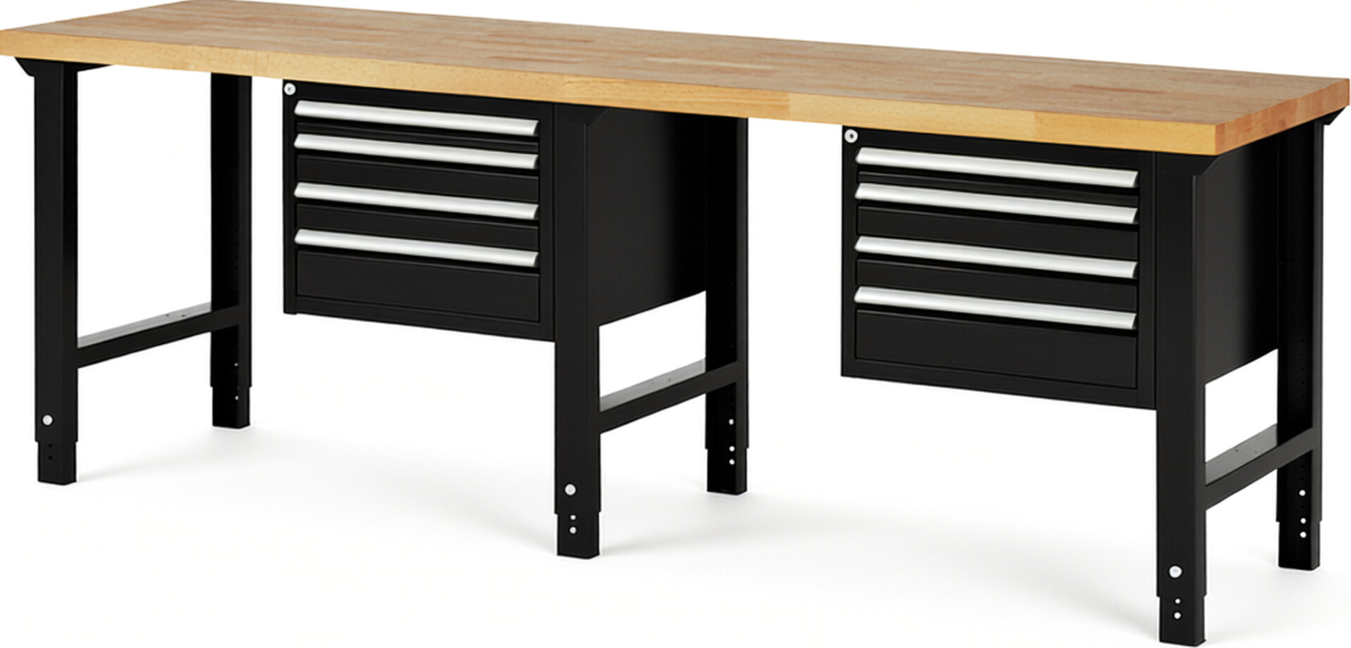 Werkbank Modell 7132 schwarz, BxTxH 2500x700x790-1140 mm,  Buche-Massiv Arbeitsplatte 40 mm,  8 Schubladen mit  Vollauszug 100 % und  SoftClosing