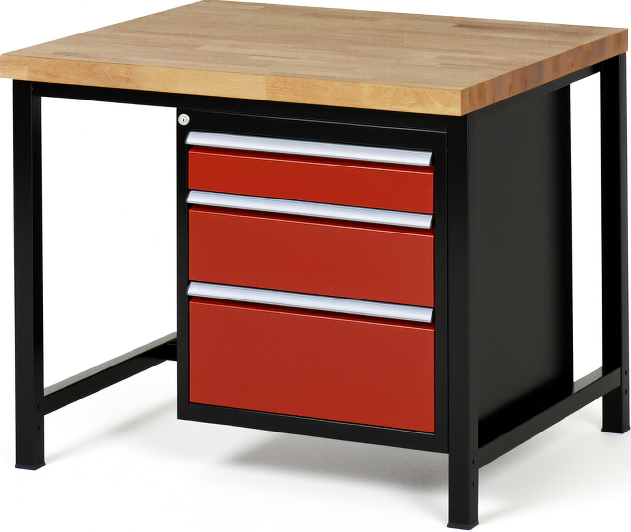 Werkbank Modell 8159 schwarz-rot, BxTxH 1000x900x840 mm,  Buche-Massiv Arbeitsplatte 40 mm,  3 Schubladen mit  Vollauszug 100 % und  SoftClosing