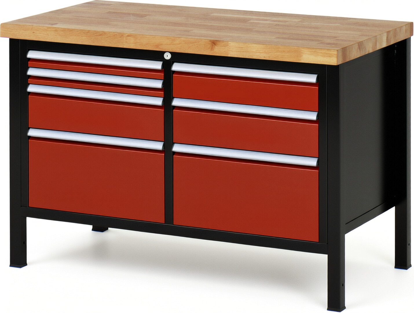 RAU Werkbank schwarz - rot - Breite 125 cm - Tiefe 70 cm - Höhe 104 cm - Buche-Massiv Arbeitsplatte 40 mm