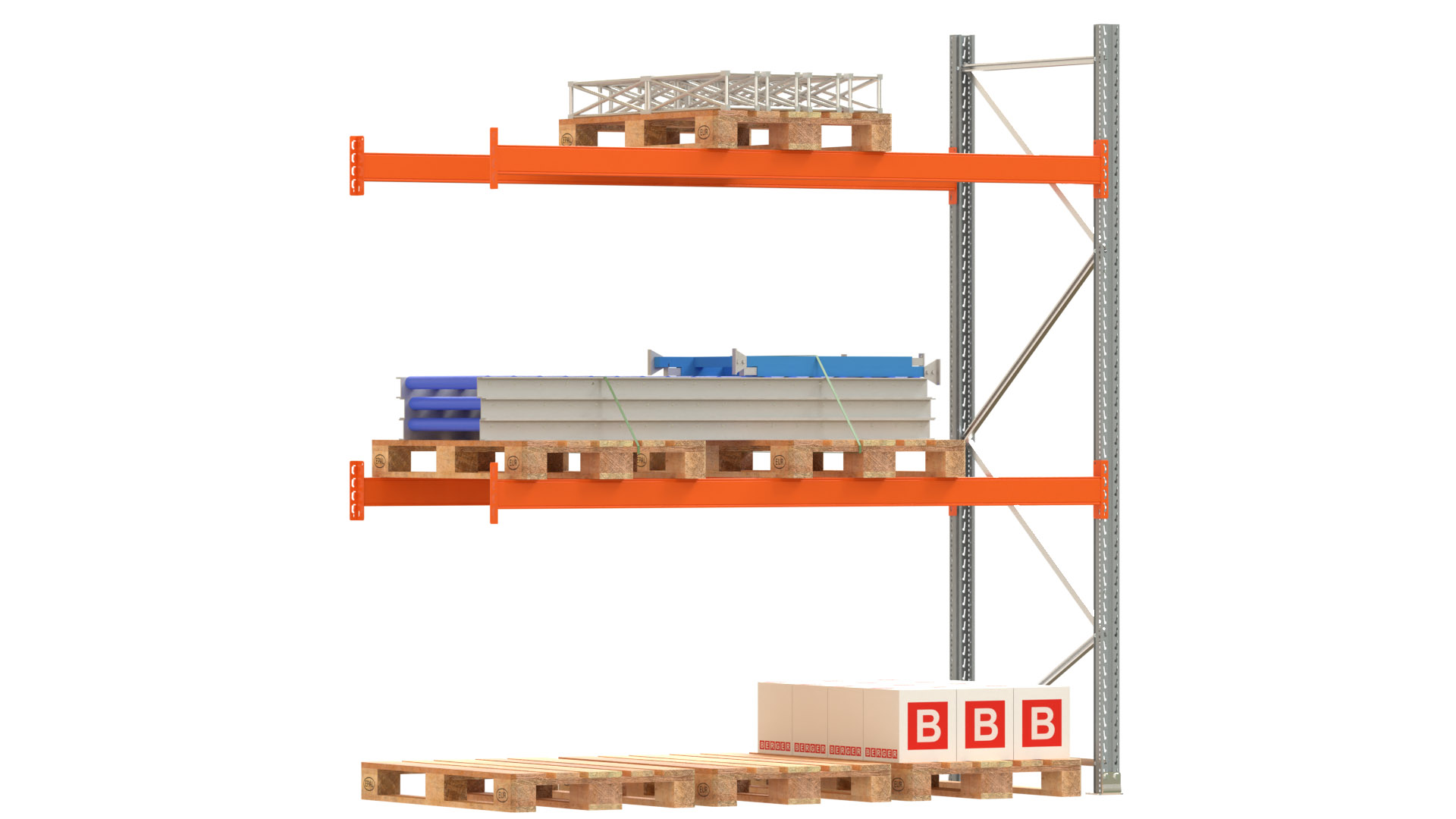Palettenregal ARTUS - Anbaufeld - Breite 278,5 cm - Höhe 300 cm - Tiefe 110 cm - 2 Träger Ebenen