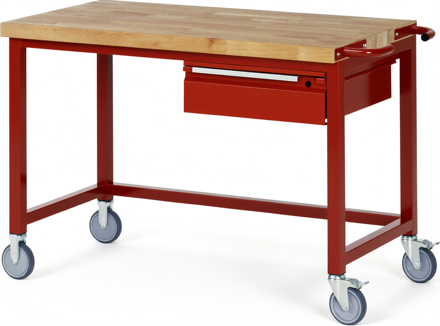 Fahrbare Werkbank - Modell 8001 BASIC rot, BxTxH 1250x700x880 mm,  Buche-Massiv Arbeitsplatte 40 mm,  1 Schublade mit  Auszug 90 %