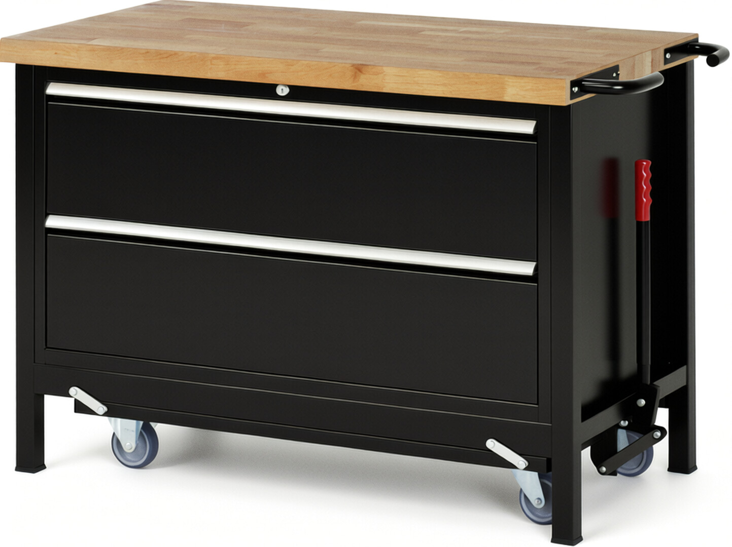 Absenkbare Werkbank Modell 8355 schwarz, BxTxH 1250x700x880 mm,  Buche-Massiv Arbeitsplatte 40 mm,  2 Schubladen mit  Vollauszug 100 % und  SoftClosing