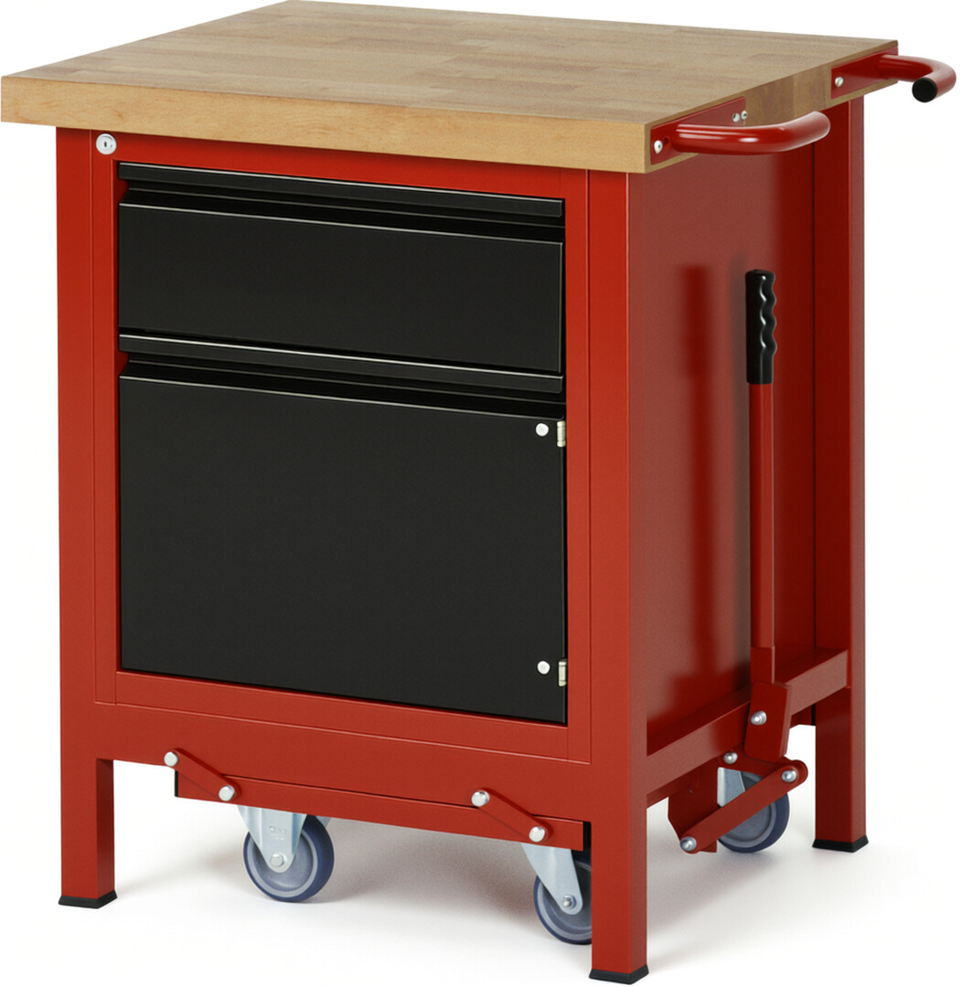 Absenkbare Werkbank - Modell 8152 BASIC rot - schwarz, BxTxH 750x700x880 mm,  Buche-Massiv Arbeitsplatte 40 mm,  1 Schublade mit  Auszug 90 %