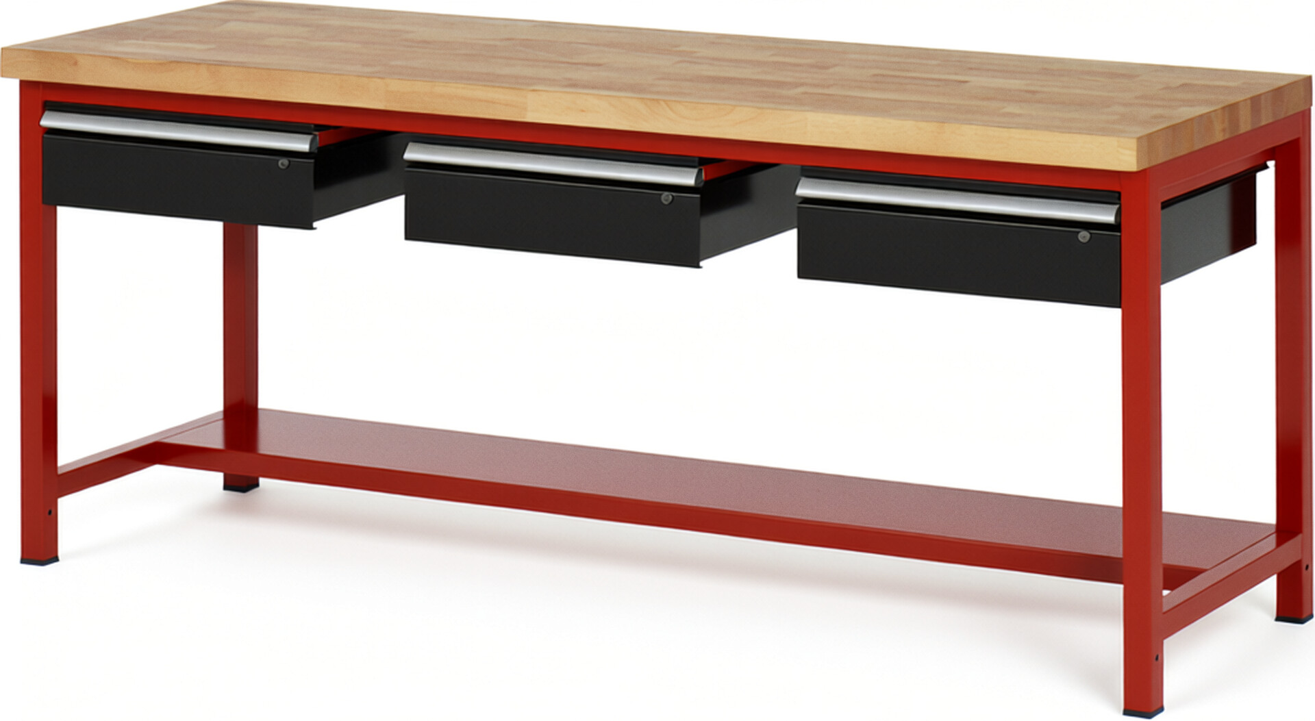 Werkbank Modell 8003 rot - schwarz, BxTxH 2000x900x840 mm,  Buche-Massiv Arbeitsplatte 40 mm,  3 Schubladen mit  Auszug 90 %