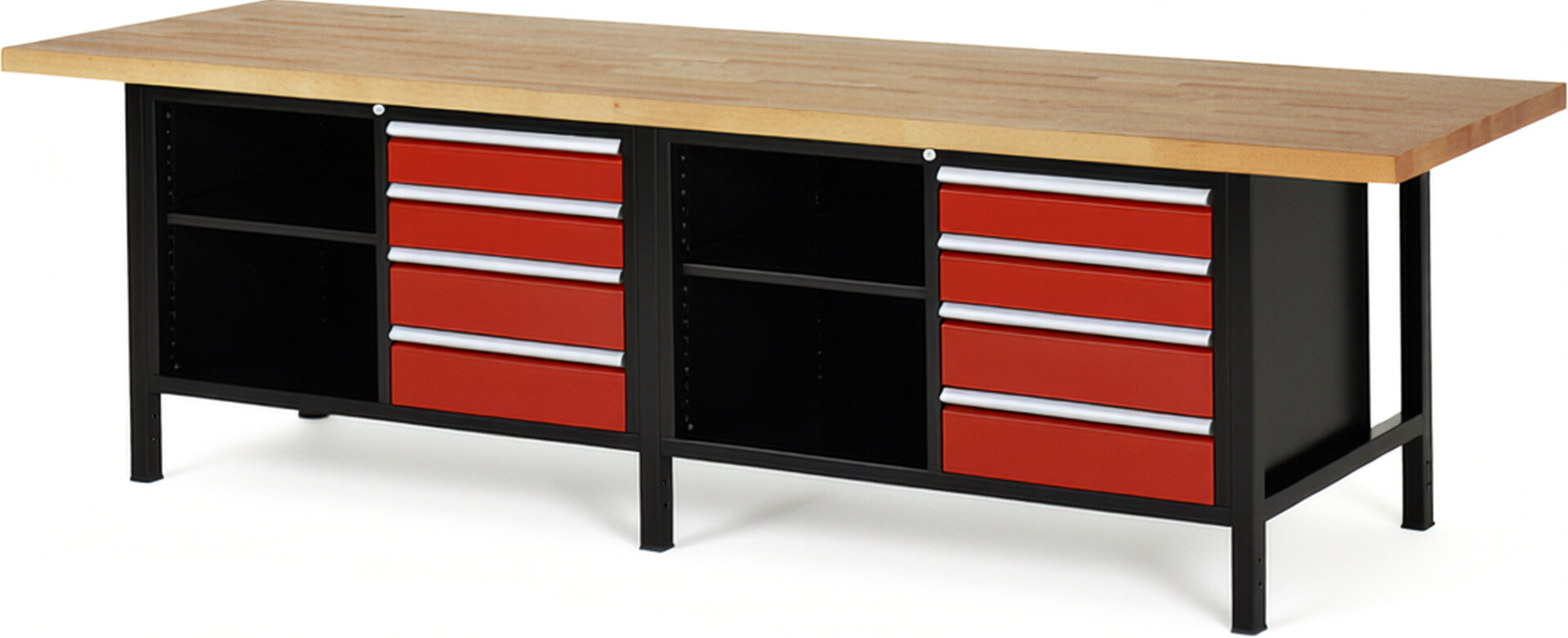 RAU Werkbank schwarz - rot - Breite 300 cm - Tiefe 90 cm - Höhe 104 cm - Buche-Massiv Arbeitsplatte 40 mm