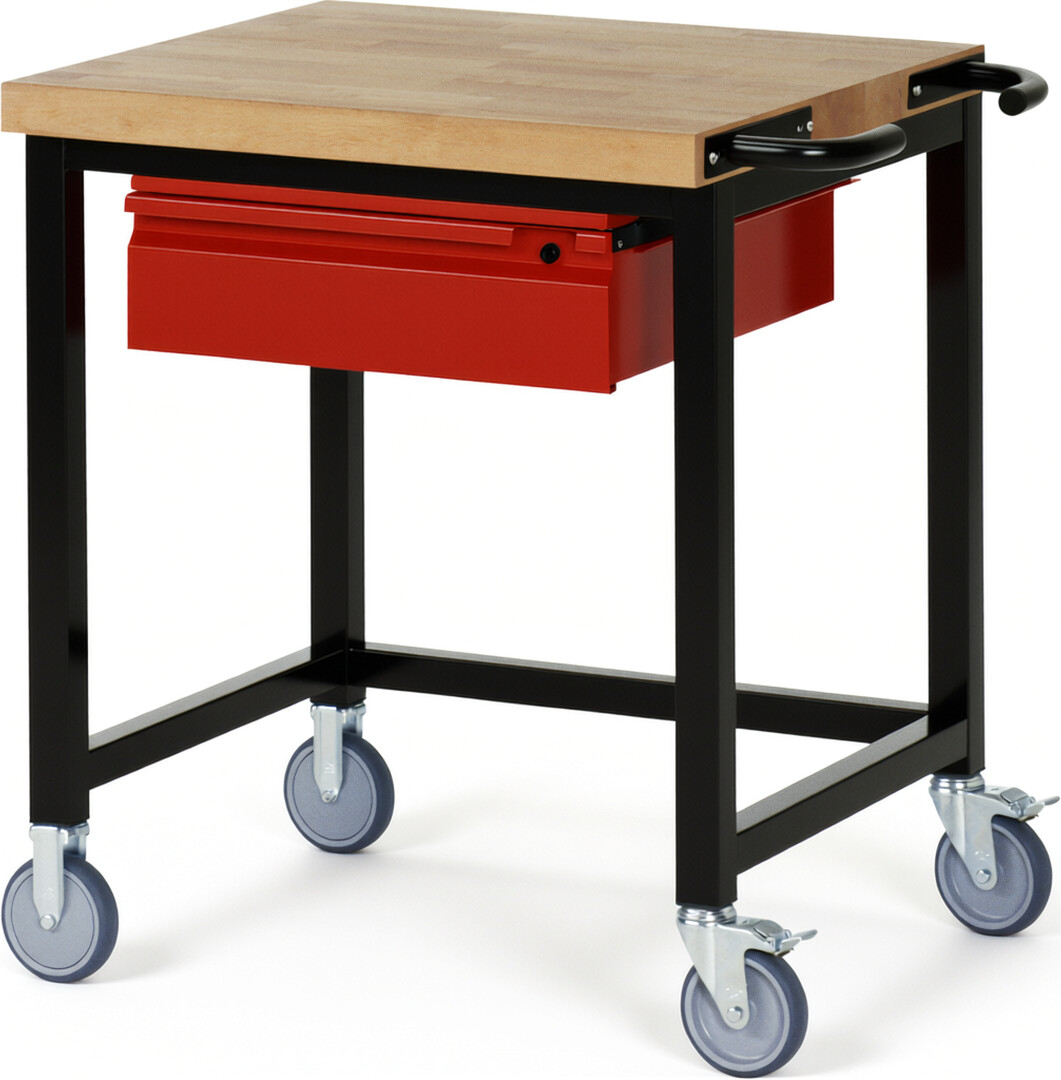 RAU Werkbank schwarz - rot - Breite 75 cm - Tiefe 70 cm - Höhe 88 cm - Buche-Massiv Arbeitsplatte 40 mm