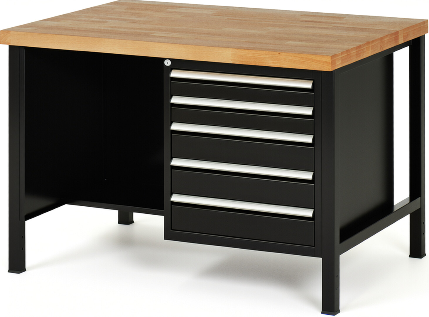 Werkbank Modell 8454 schwarz, BxTxH 1250x900x840 mm,  Buche-Massiv Arbeitsplatte 40 mm,  5 Schubladen mit  Vollauszug 100 % und  SoftClosing