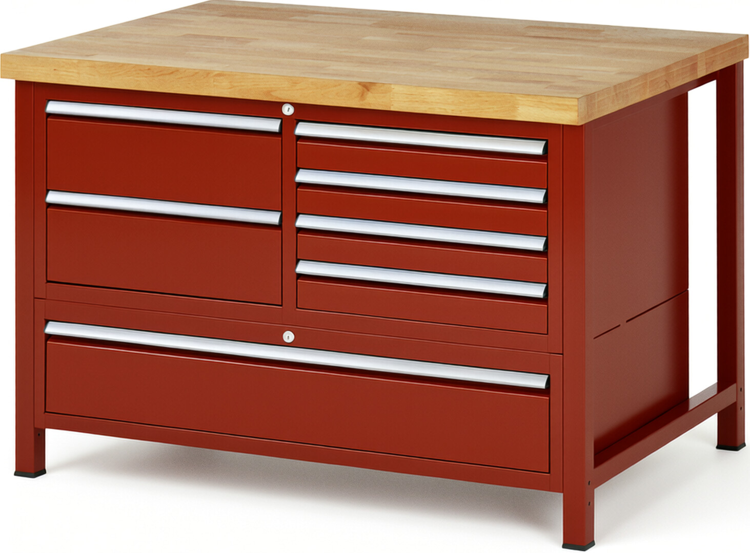 Werkbank Modell 8931 rot, BxTxH 1250x900x840-1040 mm,  Buche-Massiv Arbeitsplatte 40 mm,  7 Schubladen mit  Auszug 90 %