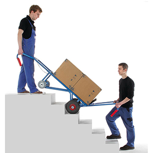 Gerätekarre, Schaufel 550x190 mm, BxH 700x1300 mm, kompl. mit Lufträdern, Treppensternen, Tragholm und Spanngurt, Traglast 400 kg, RAL 5007 blau