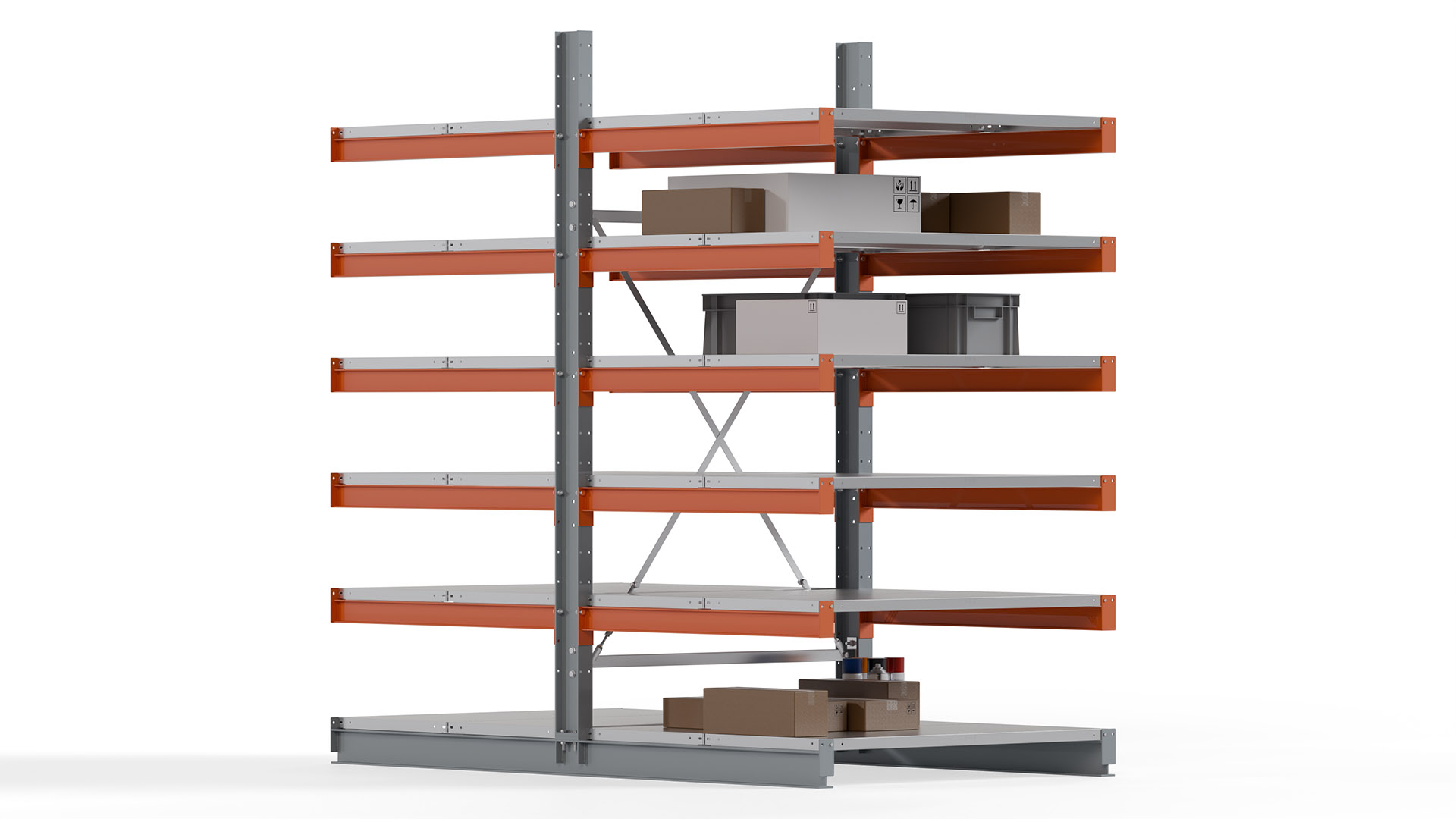 Kragarmregal KARL basic - lackiert - Breite: 128 cm - Höhe: 250 cm - Tiefe: 120 cm - Traglast je Kragarm: 370 kg - beidseitig