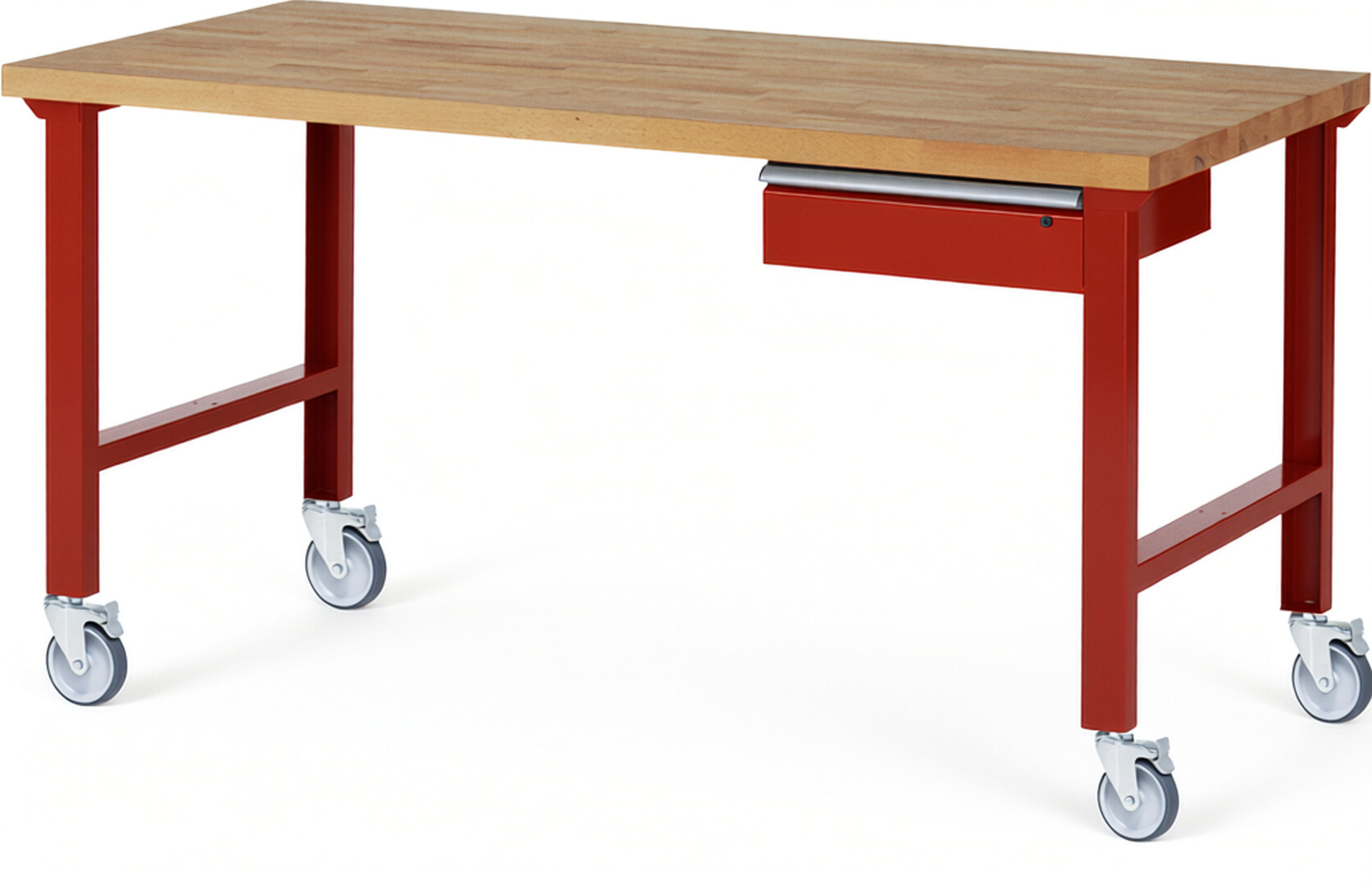 Fahrbare Werkbank Modell 7001 rot, BxTxH 2000x900x1000 mm,  Buche-Massiv Arbeitsplatte 40 mm,  1 Schublade mit  Auszug 90 %