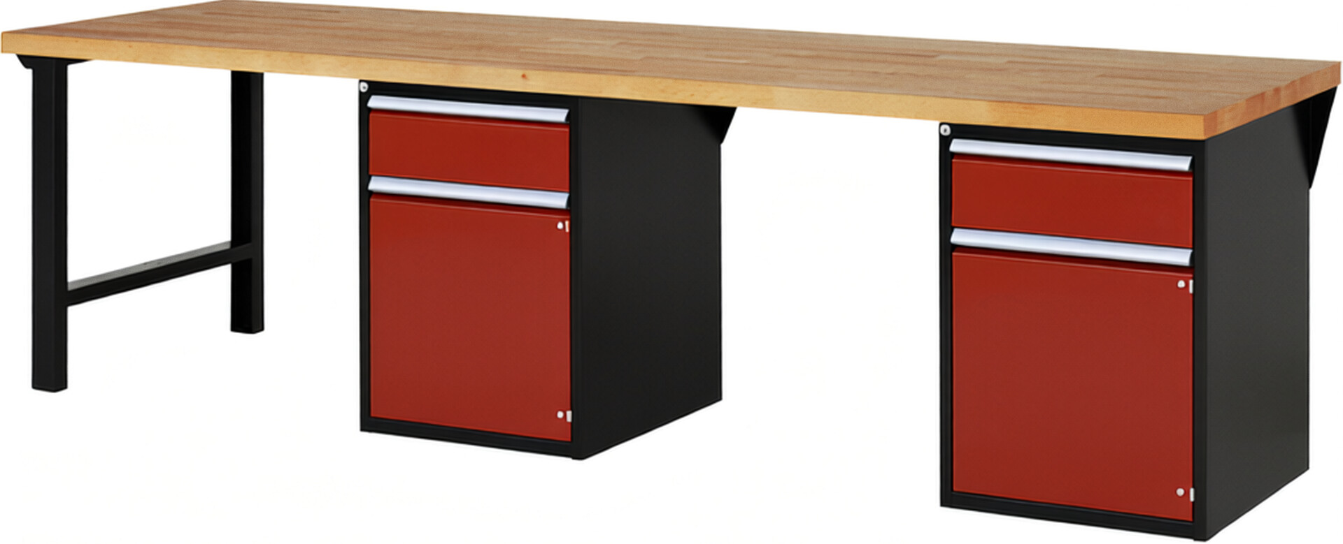 Werkbank Modell 7502 schwarz-rot, BxTxH 3000x900x890 mm,  Buche-Massiv Arbeitsplatte 40 mm,  2 Schubladen mit  Vollauszug 100 % und  SoftClosing