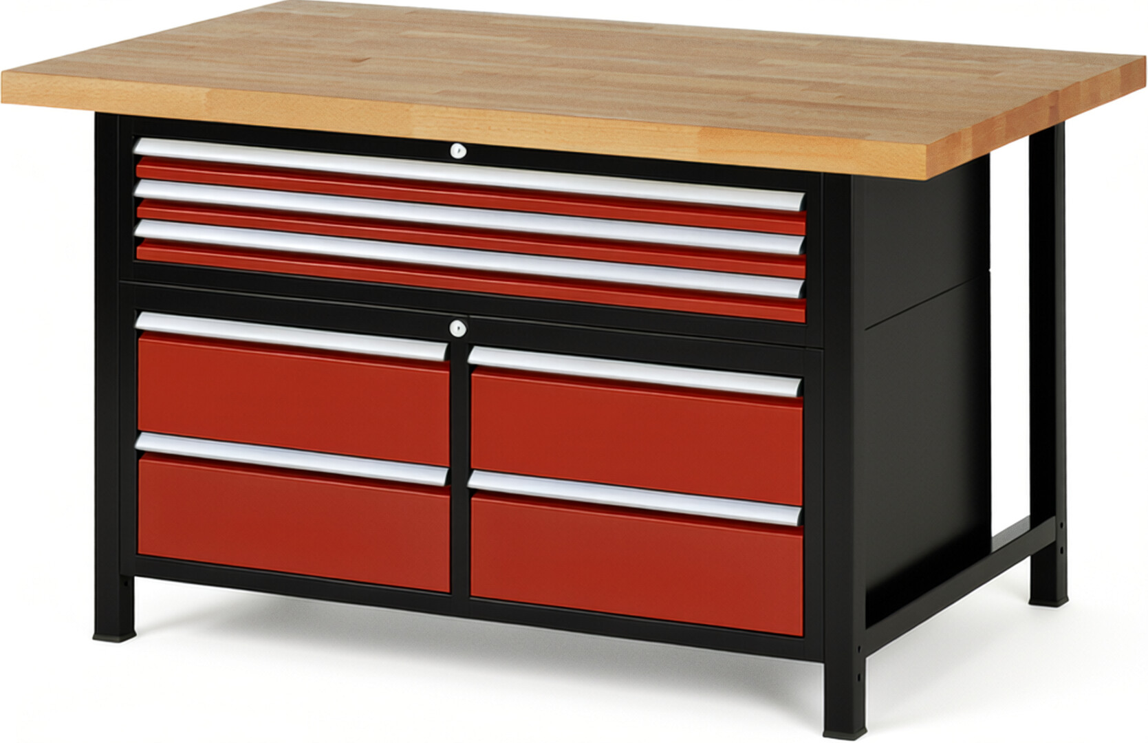 RAU Werkbank schwarz - rot - Breite 150 cm - Tiefe 90 cm - Höhe 84 cm - Buche-Massiv Arbeitsplatte 40 mm