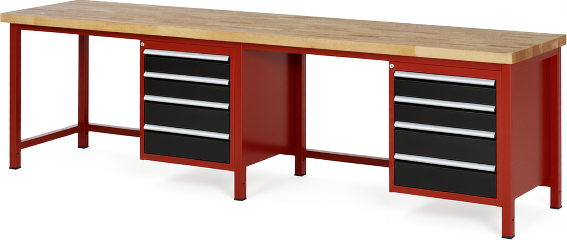 Werkbank Modell 8162 rot - schwarz, BxTxH 3000x700x840-1040 mm,  Buche-Massiv Arbeitsplatte 40 mm,  8 Schubladen mit  Auszug 90 %
