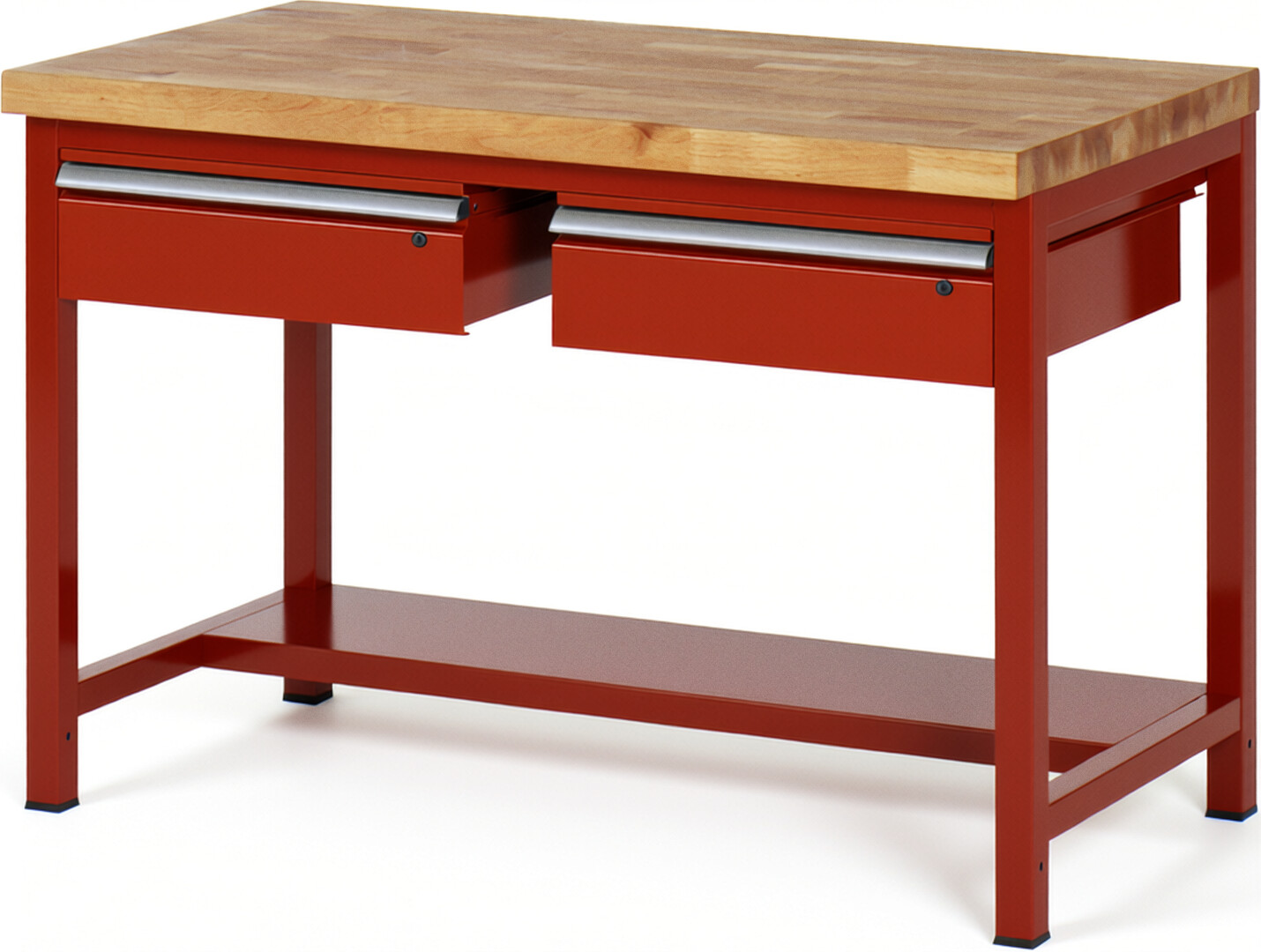 Werkbank Modell 8002 rot, BxTxH 1250x900x840 mm,  Buche-Massiv Arbeitsplatte 40 mm,  2 Schubladen mit  Auszug 90 %