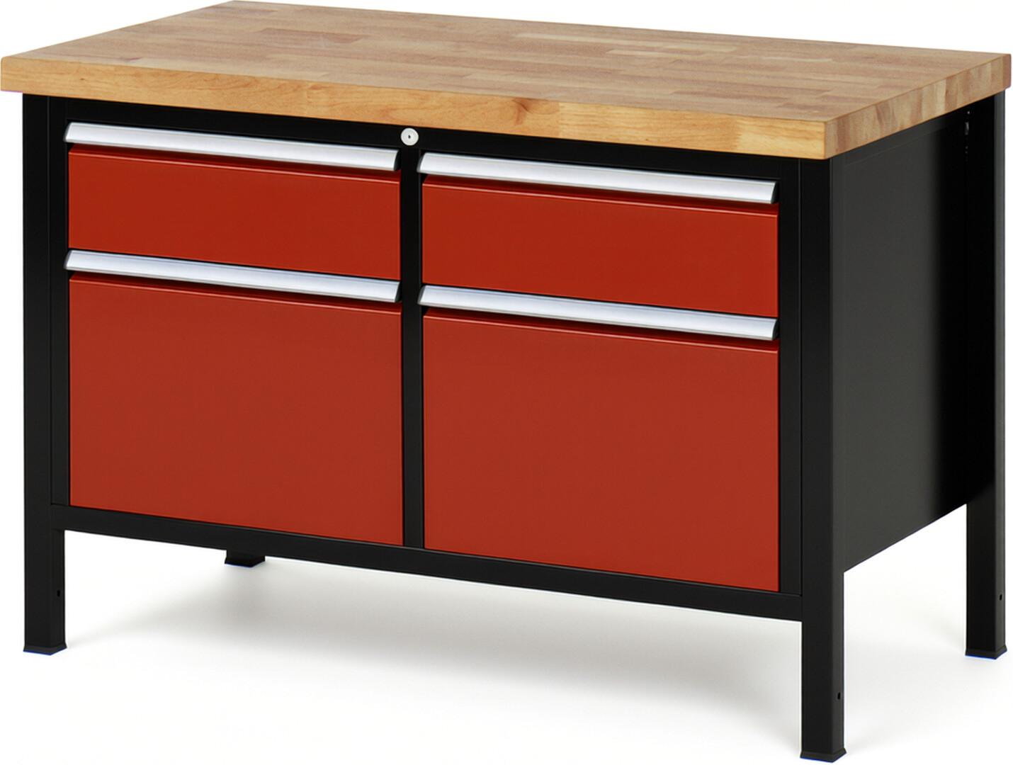 RAU Werkbank schwarz - rot - Breite 125 cm - Tiefe 70 cm - Höhe 104 cm - Buche-Massiv Arbeitsplatte 40 mm