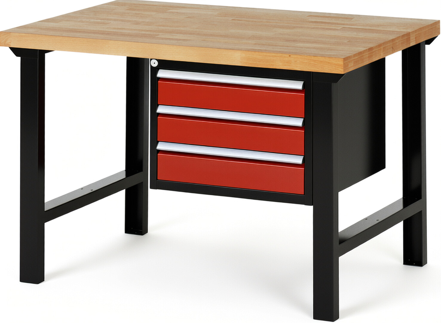 RAU Werkbank schwarz - rot - Breite 125 cm - Tiefe 90 cm - Höhe 84 cm - Buche-Massiv Arbeitsplatte 40 mm