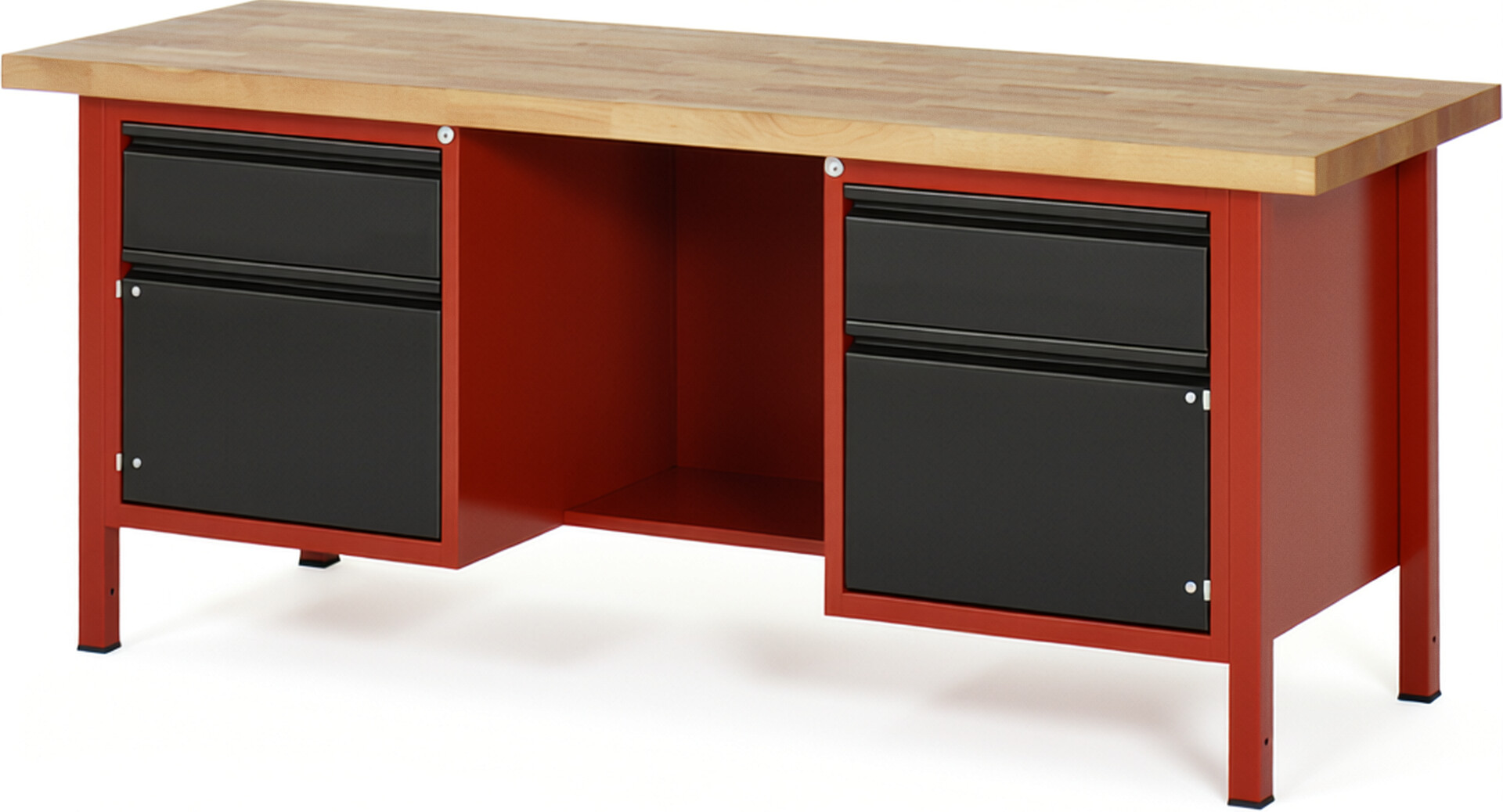 Werkbank - Modell 8551 BASIC rot - schwarz, BxTxH 2000x700x840-1040 mm,  Buche-Massiv Arbeitsplatte 40 mm,  2 Schubladen mit  Auszug 90 %