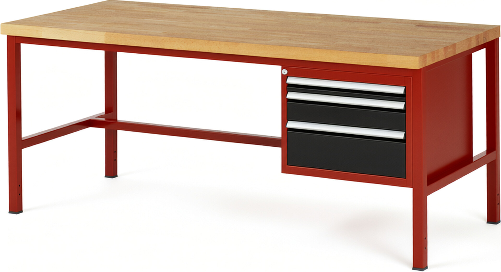 Werkbank Modell 8126 rot - schwarz, BxTxH 2000x900x840 mm,  Buche-Massiv Arbeitsplatte 40 mm,  3 Schubladen mit  Auszug 90 %