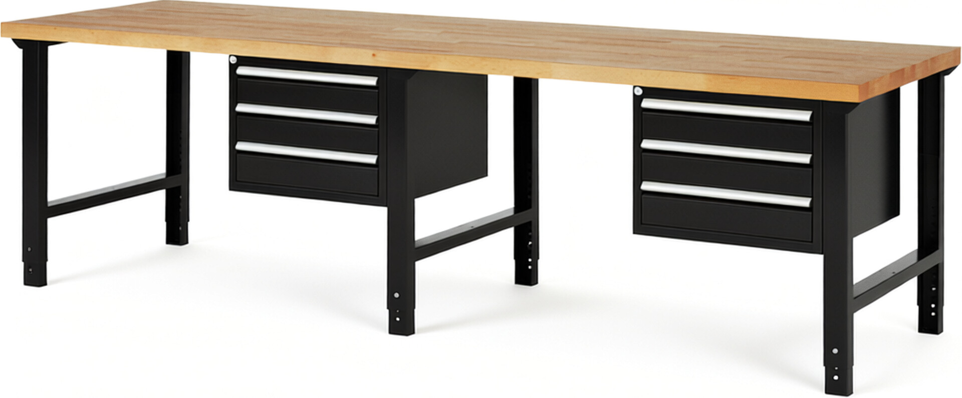 Werkbank Modell 7127 schwarz, BxTxH 3000x900x790-1140 mm,  Buche-Massiv Arbeitsplatte 40 mm,  6 Schubladen mit  Vollauszug 100 % und  SoftClosing