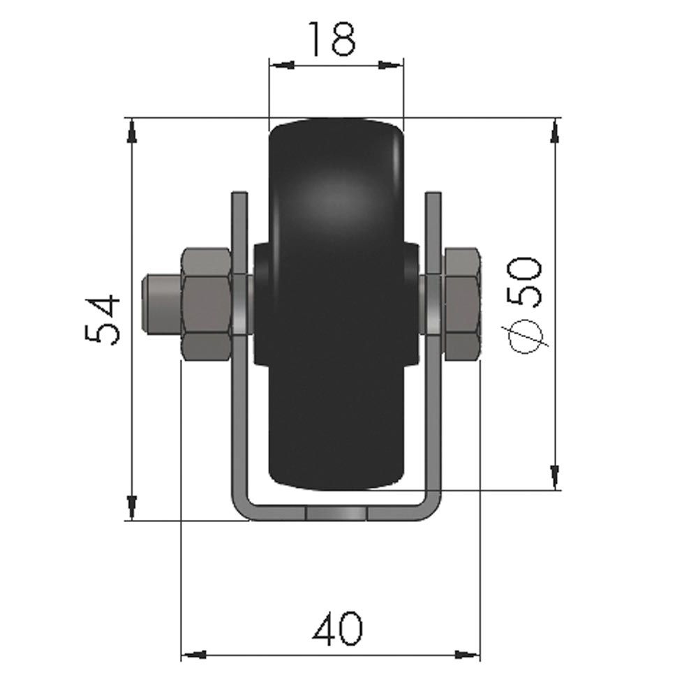 Universal-Rollenschiene, Profil 44x28x44x2 mm, verzinkt, Kunststoff-Rollen hart mit Gleitl., Traglast 40 kg/Rolle, Bauhöhe 54 mm, Achsabstand 125 mm