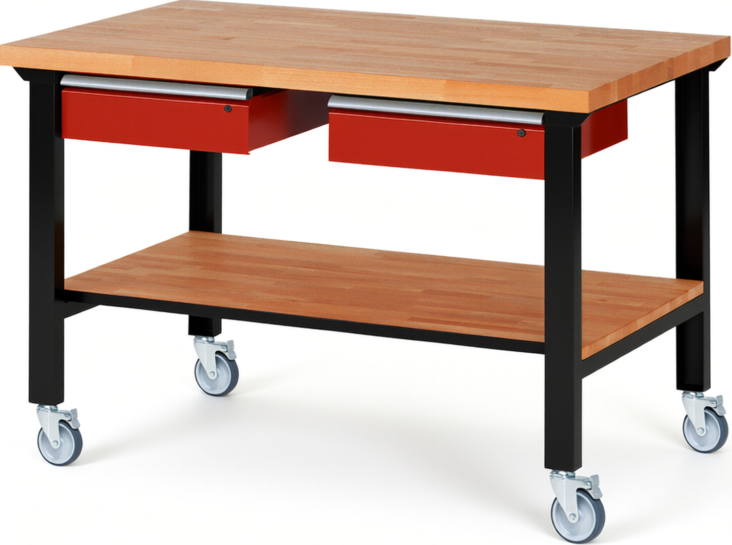 RAU Werkbank schwarz - rot - Breite 150 cm - Tiefe 90 cm - Höhe 100 cm - Buche-Massiv Arbeitsplatte 40 mm