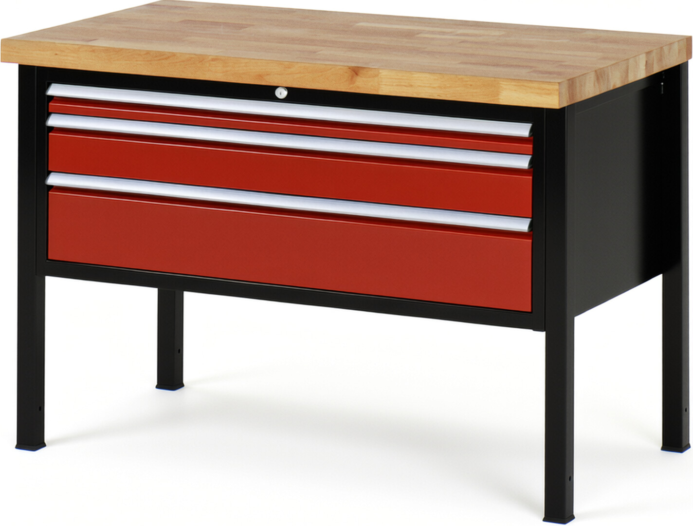 RAU Werkbank schwarz - rot - Breite 125 cm - Tiefe 70 cm - Höhe 104 cm - Buche-Massiv Arbeitsplatte 40 mm