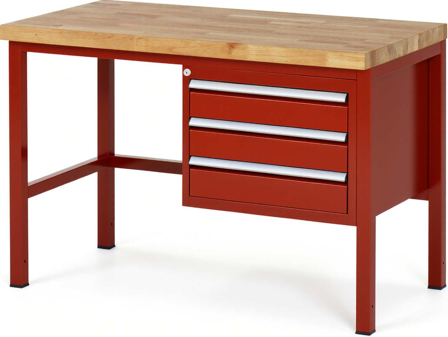 Werkbank Modell 8127 rot, BxTxH 1250x700x840-1040 mm,  Buche-Massiv Arbeitsplatte 40 mm,  3 Schubladen mit  Vollauszug 100 % und  SoftClosing