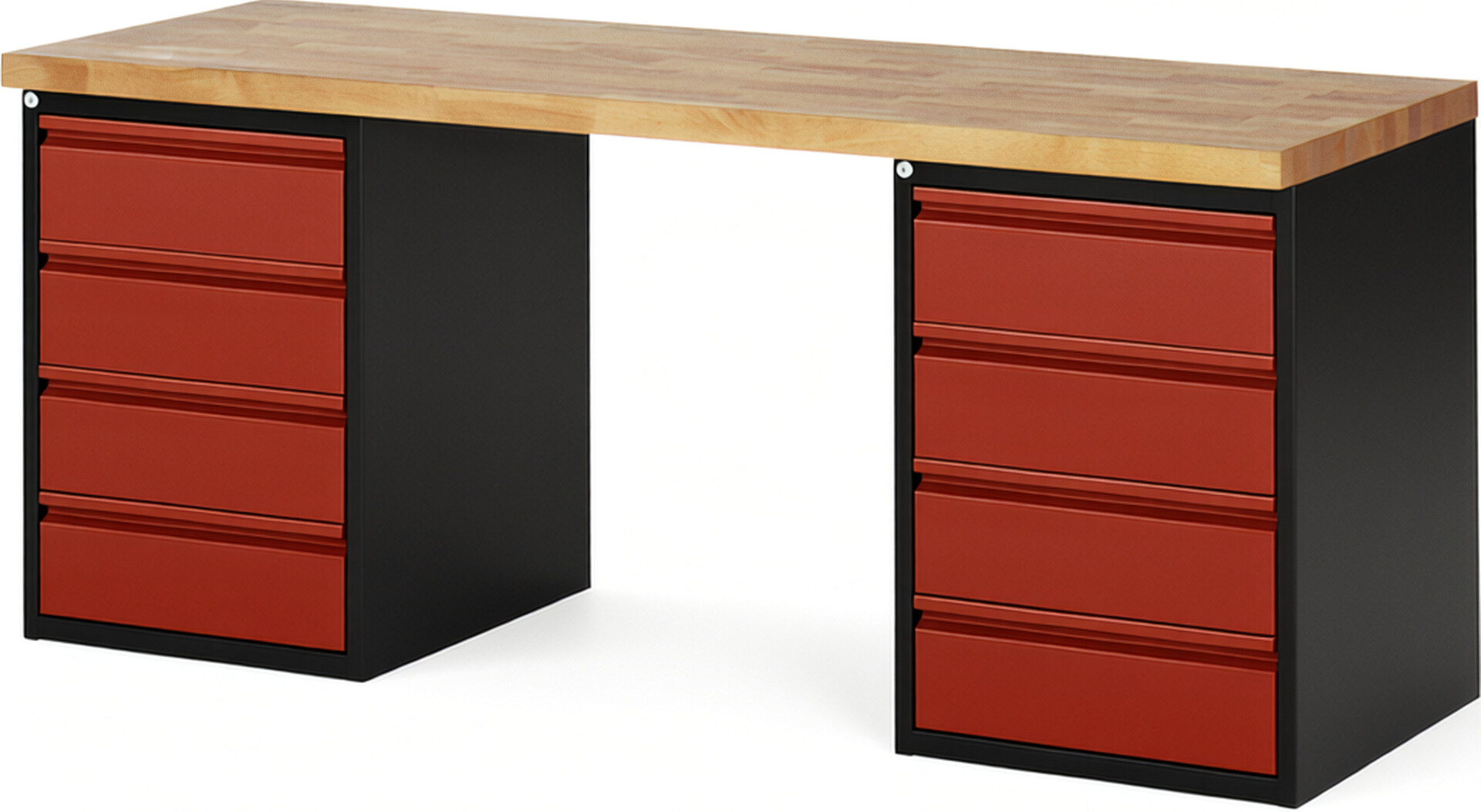 Werkbank - Modell 7509 BASIC schwarz-rot, BxTxH 2000x700x890 mm,  Buche-Massiv Arbeitsplatte 40 mm,  8 Schubladen mit  Auszug 90 %