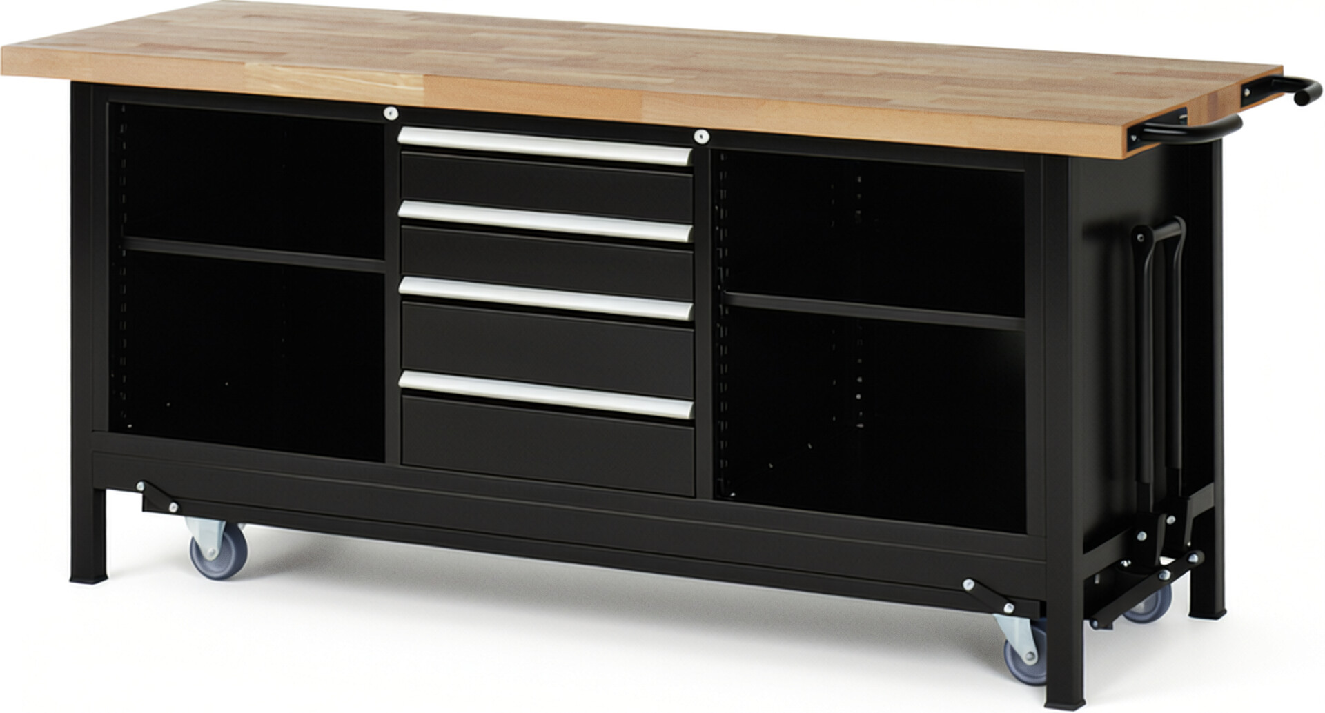 Absenkbare Werkbank Modell 8566 schwarz, BxTxH 2000x700x880 mm,  Buche-Massiv Arbeitsplatte 40 mm,  4 Schubladen mit  Auszug 90 %