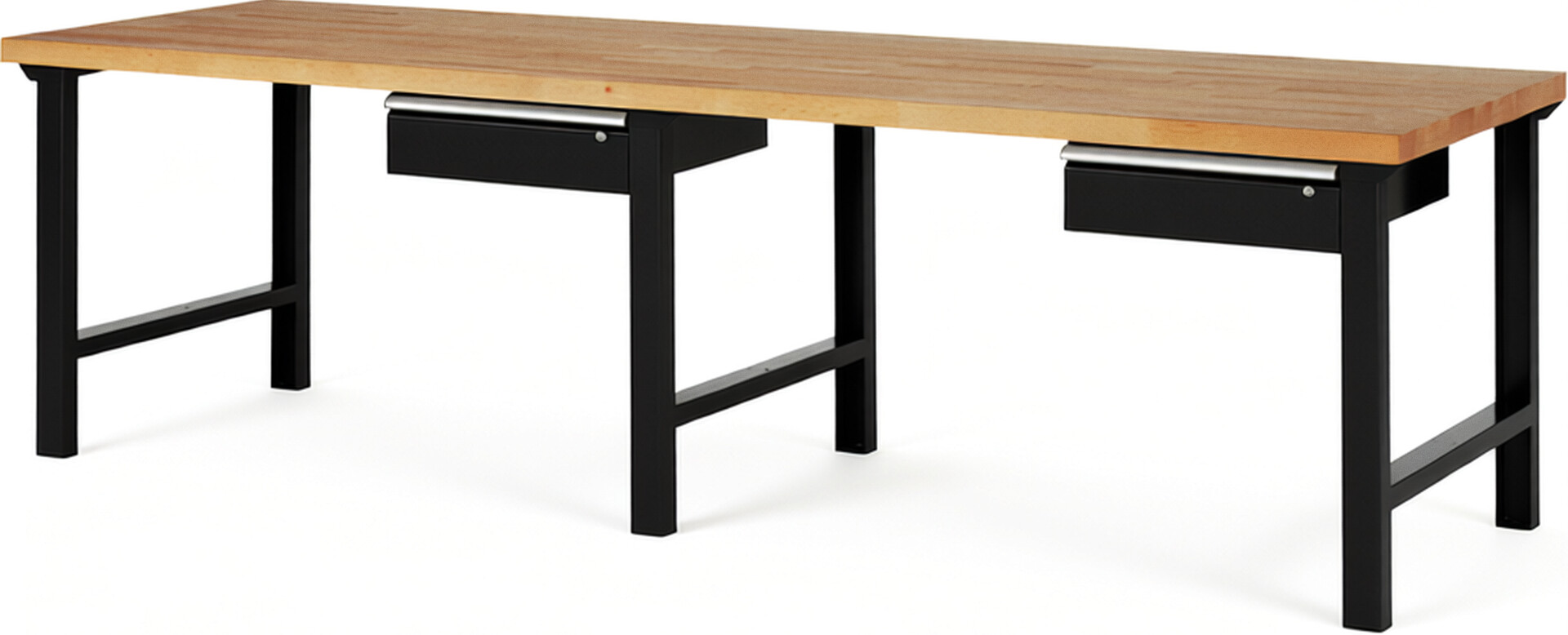 Werkbank Modell 7001 schwarz, BxTxH 3000x900x840 mm,  Buche-Massiv Arbeitsplatte 40 mm,  2 Schubladen mit  Auszug 90 %
