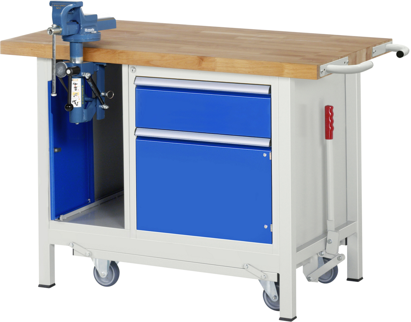 Absenkbare Werkbank Modell 8181 rot - schwarz, BxTxH 1250x700x880 mm,  Buche-Massiv Arbeitsplatte 40 mm,  1 Schublade mit  Auszug 90 %