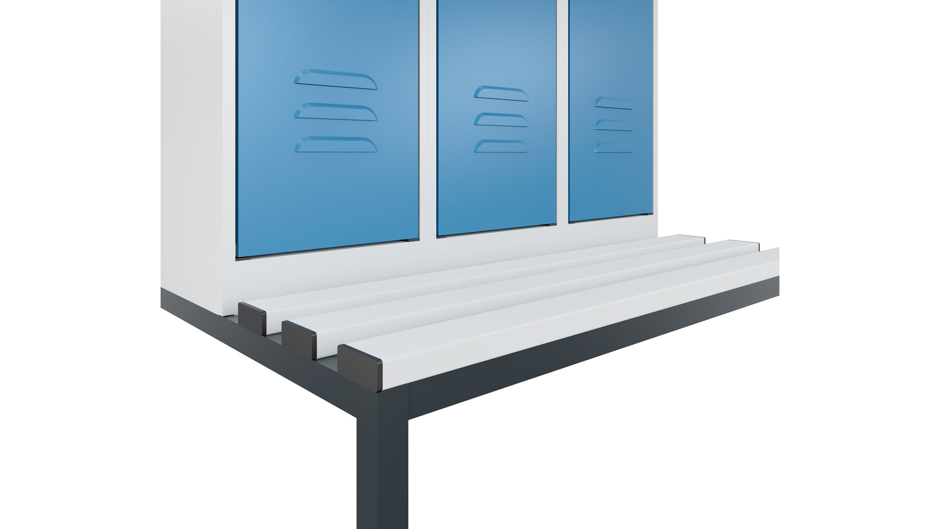 Garderobenschrank - Spind, untergeb. Sitzbank, Kunststoff-Sitzleisten, 3 Abteile, Abt.B 400 mm, Drehriegel, BxTxH 1200x500x2120 mm, Farbwahl