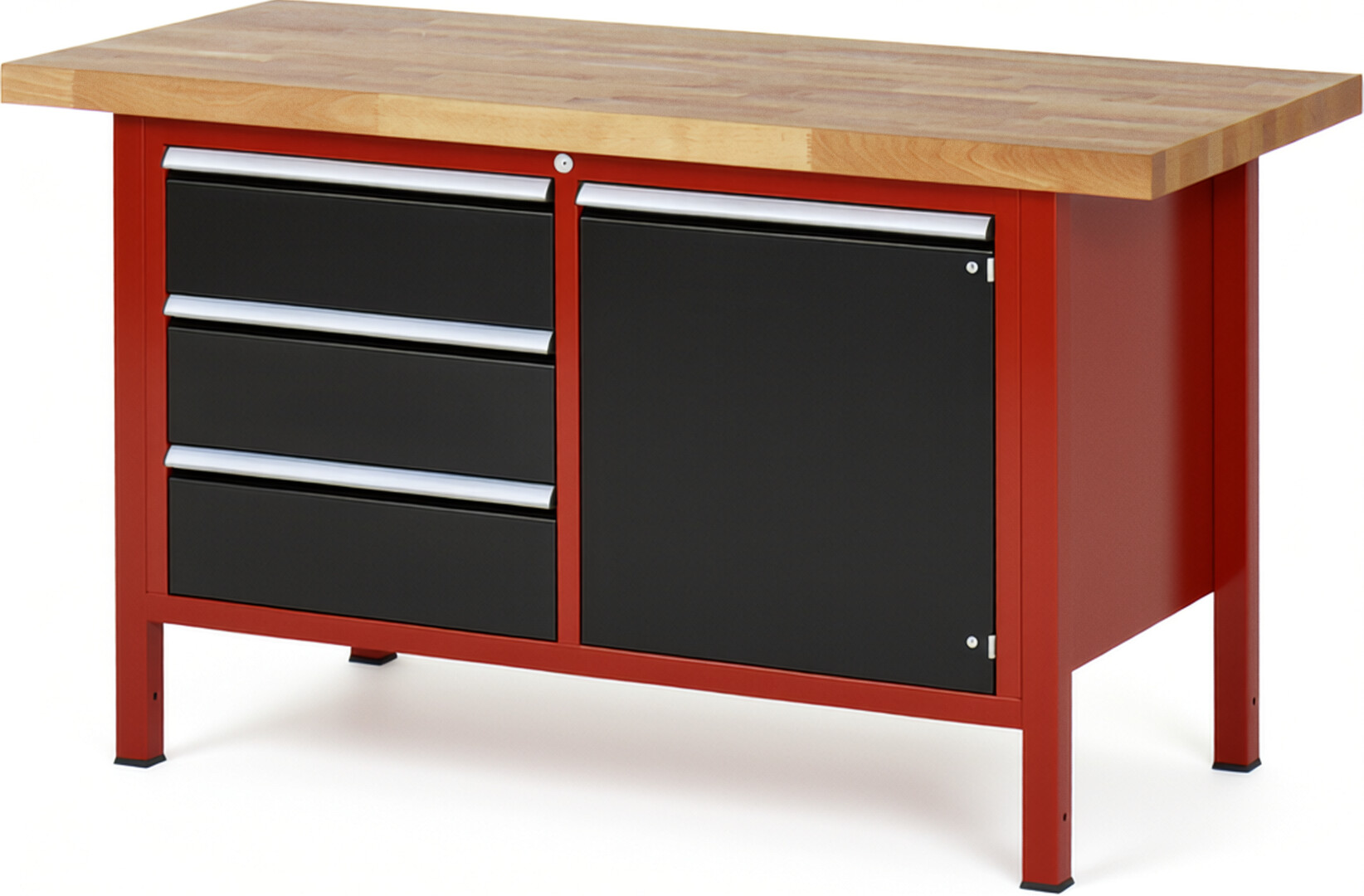 Werkbank Modell 8468 rot - schwarz, BxTxH 1500x700x840-1040 mm,  Buche-Massiv Arbeitsplatte 40 mm,  3 Schubladen mit  Auszug 90 %