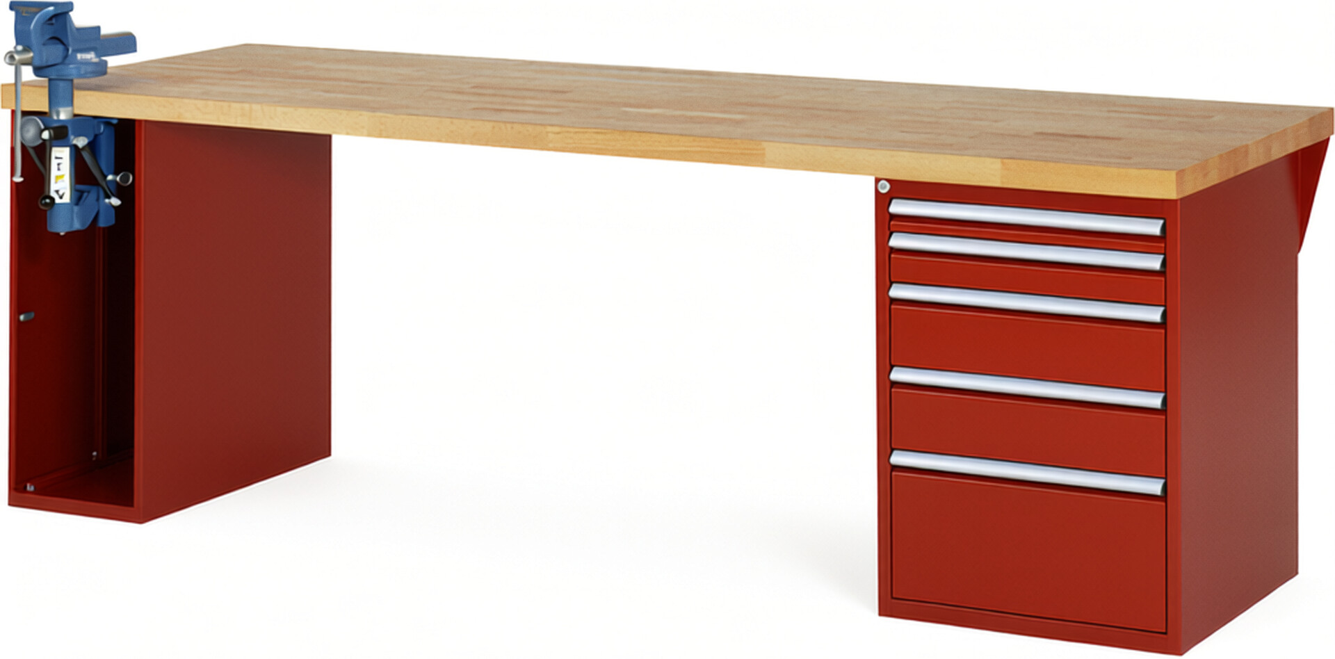 RAU Werkbank rot - Breite 250 cm - Tiefe 90 cm - Höhe 89 cm - Buche-Massiv Arbeitsplatte 40 mm