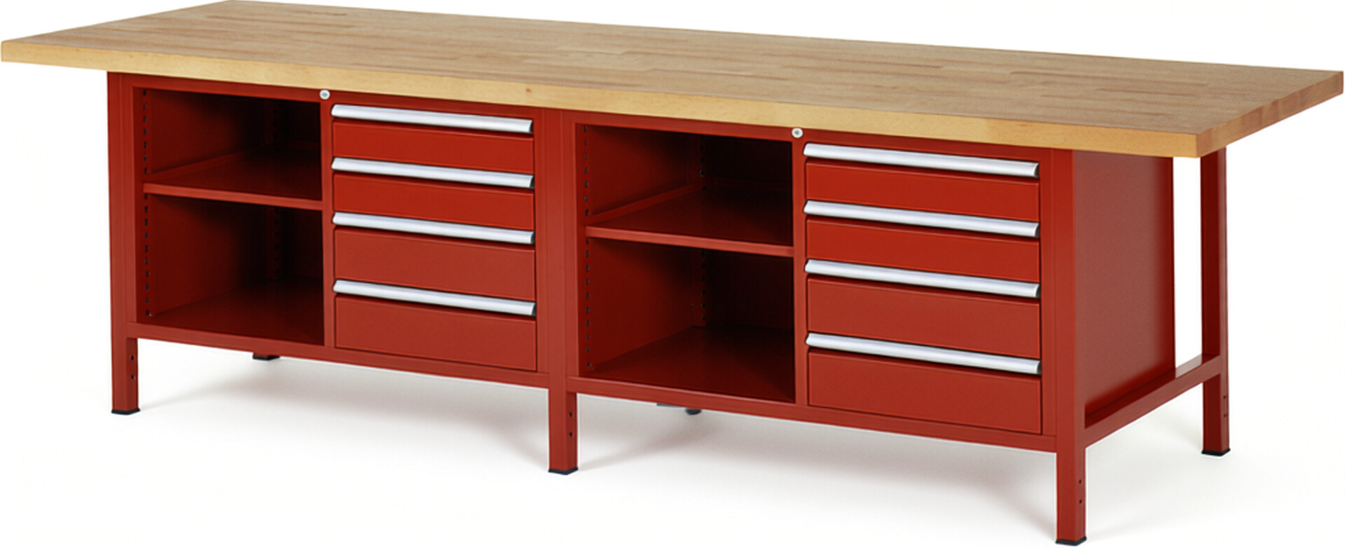 Werkbank Modell 8463 rot, BxTxH 3000x900x840-1040 mm,  Buche-Massiv Arbeitsplatte 40 mm,  8 Schubladen mit  Auszug 90 %