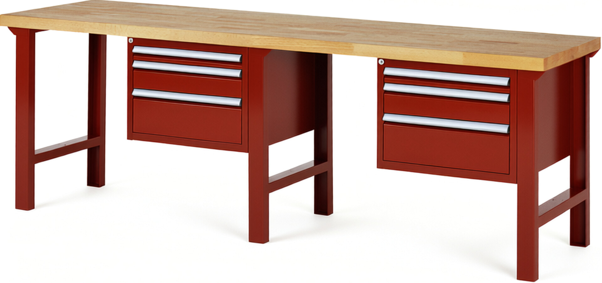 Werkbank Modell 7126 rot, BxTxH 2500x700x840 mm,  Buche-Massiv Arbeitsplatte 40 mm,  6 Schubladen mit  Vollauszug 100 % und  SoftClosing